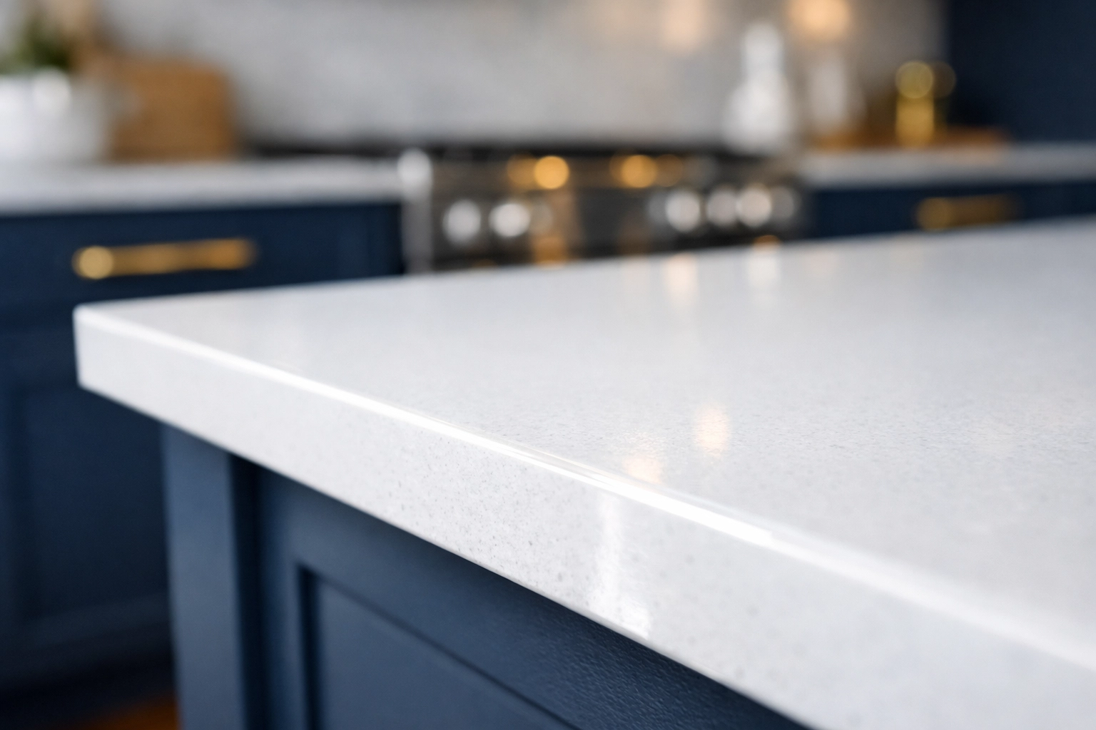 Streak-free white quartz kitchen island showing high-end residential cleaning Massachusetts results.