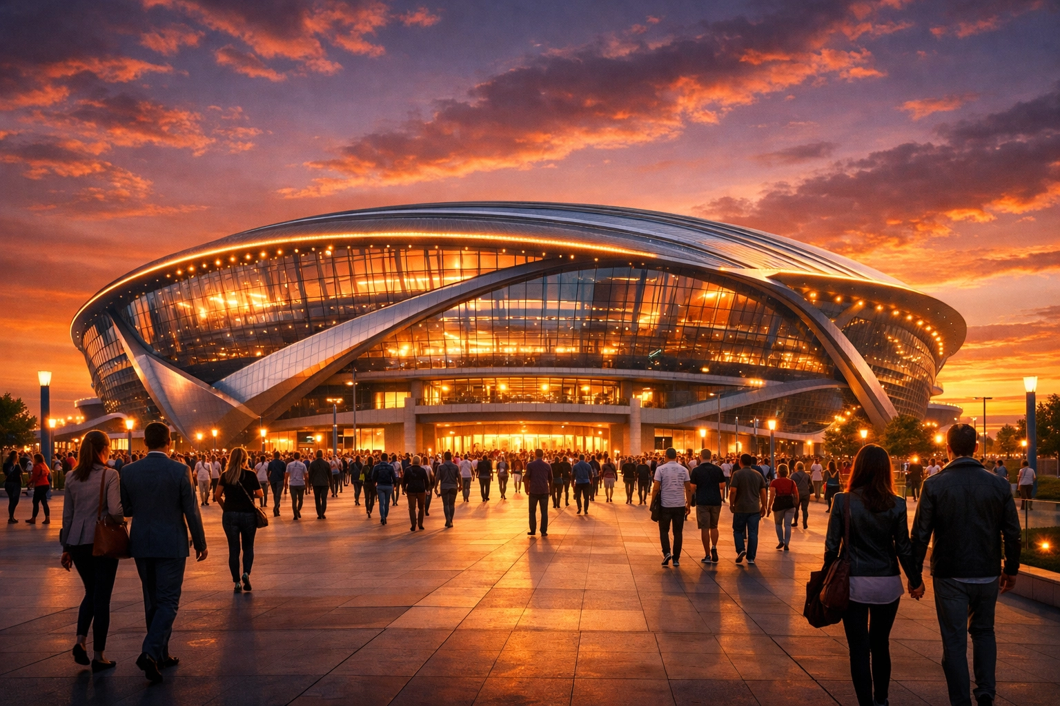 PRESS RELEASE: Boost Your Brand Visibility Instantly with These 5 Super Bowl Activation Tips A futuristic sports stadium at sunset hosting crowds for a major brand activation and corporate event.