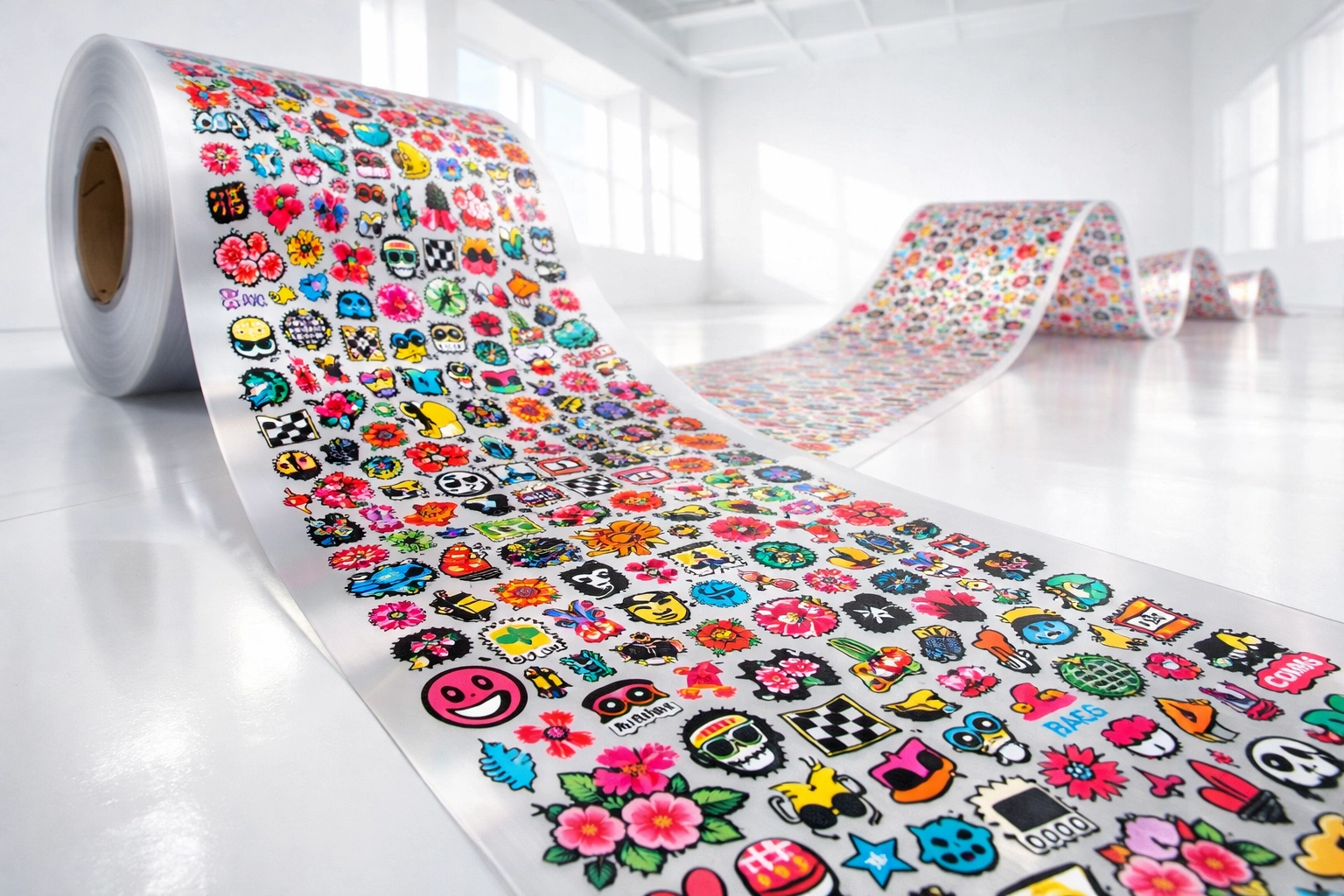 A large DTF transfer gang sheet roll with multiple colorful custom logos and designs.