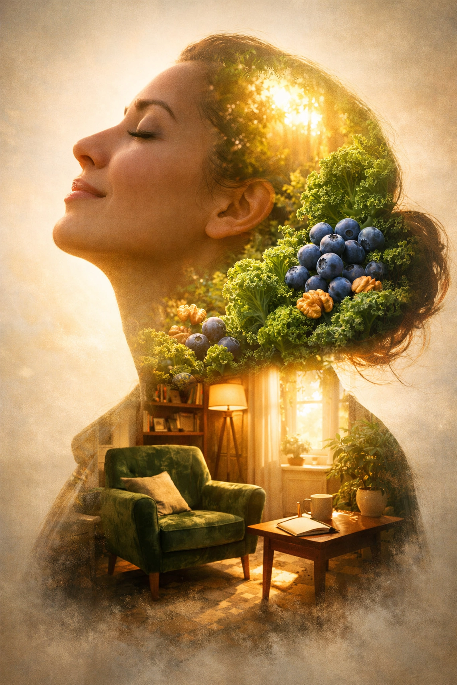 Serene woman silhouette showing healthy foods and a therapy office representing mental health and weight loss synergy.