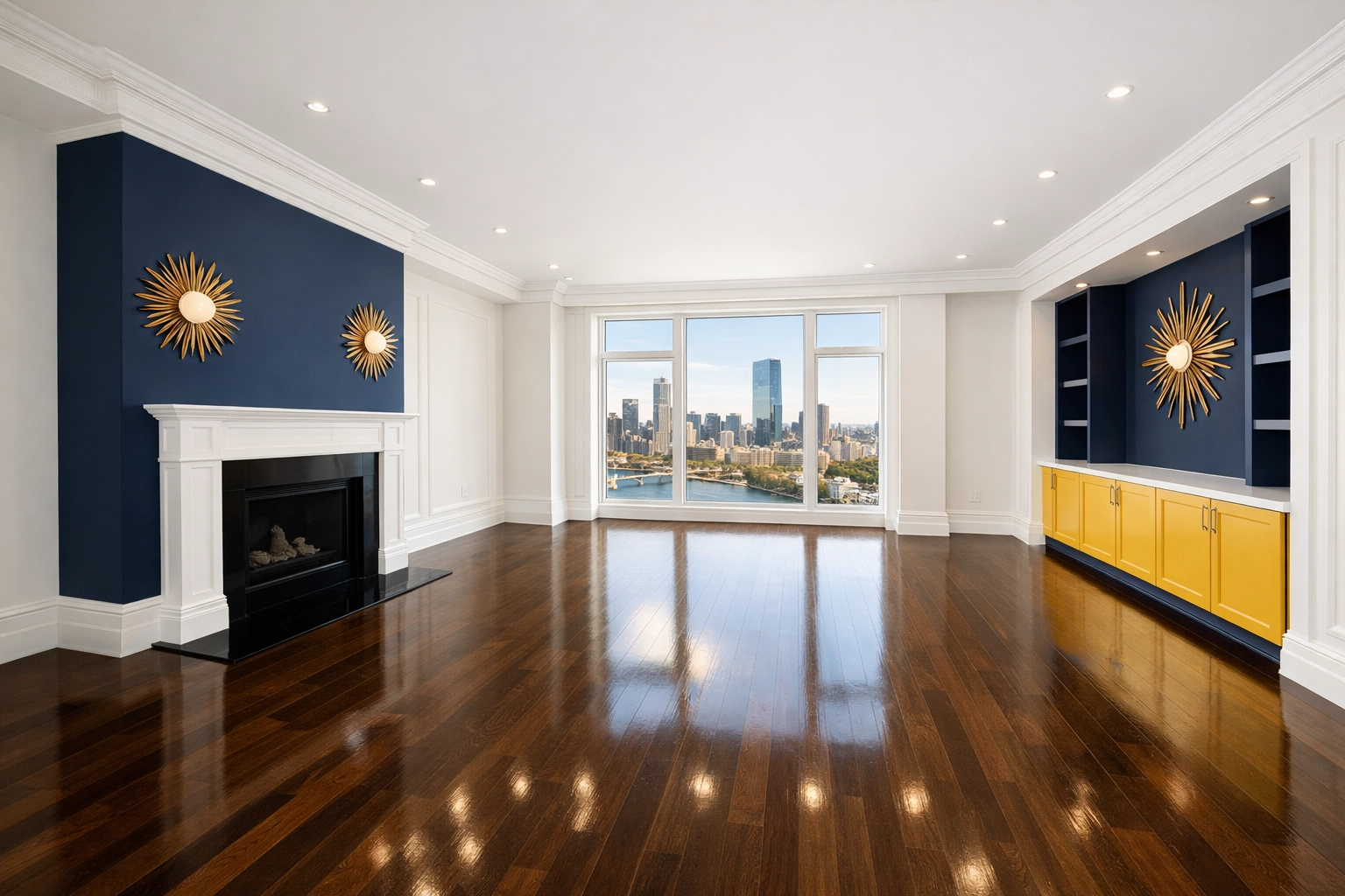 Spotless empty living room in a luxury Boston apartment after professional move-out cleaning.