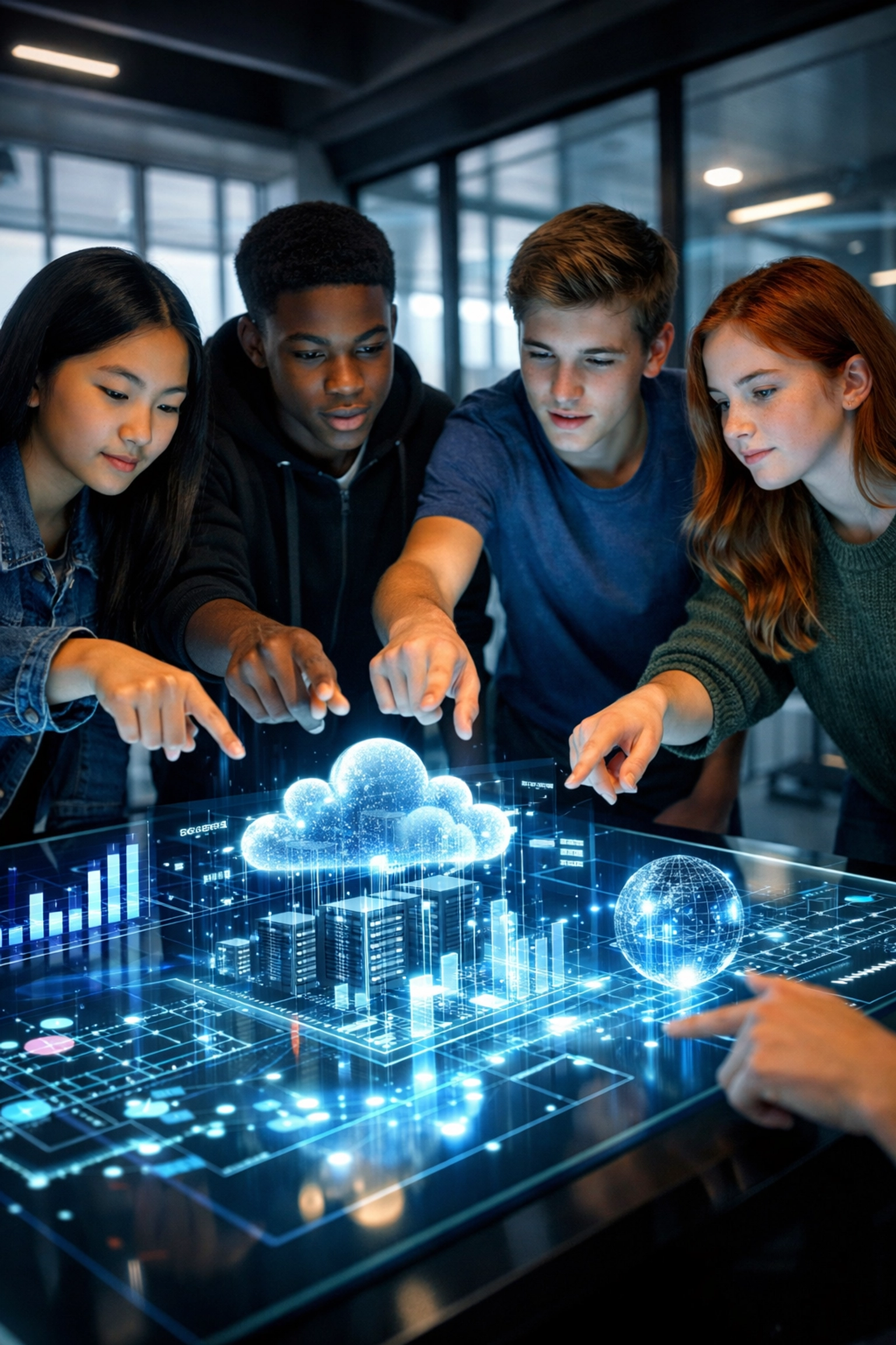 Diverse students collaborate on cloud architecture and data analytics models in a high-tech lab.