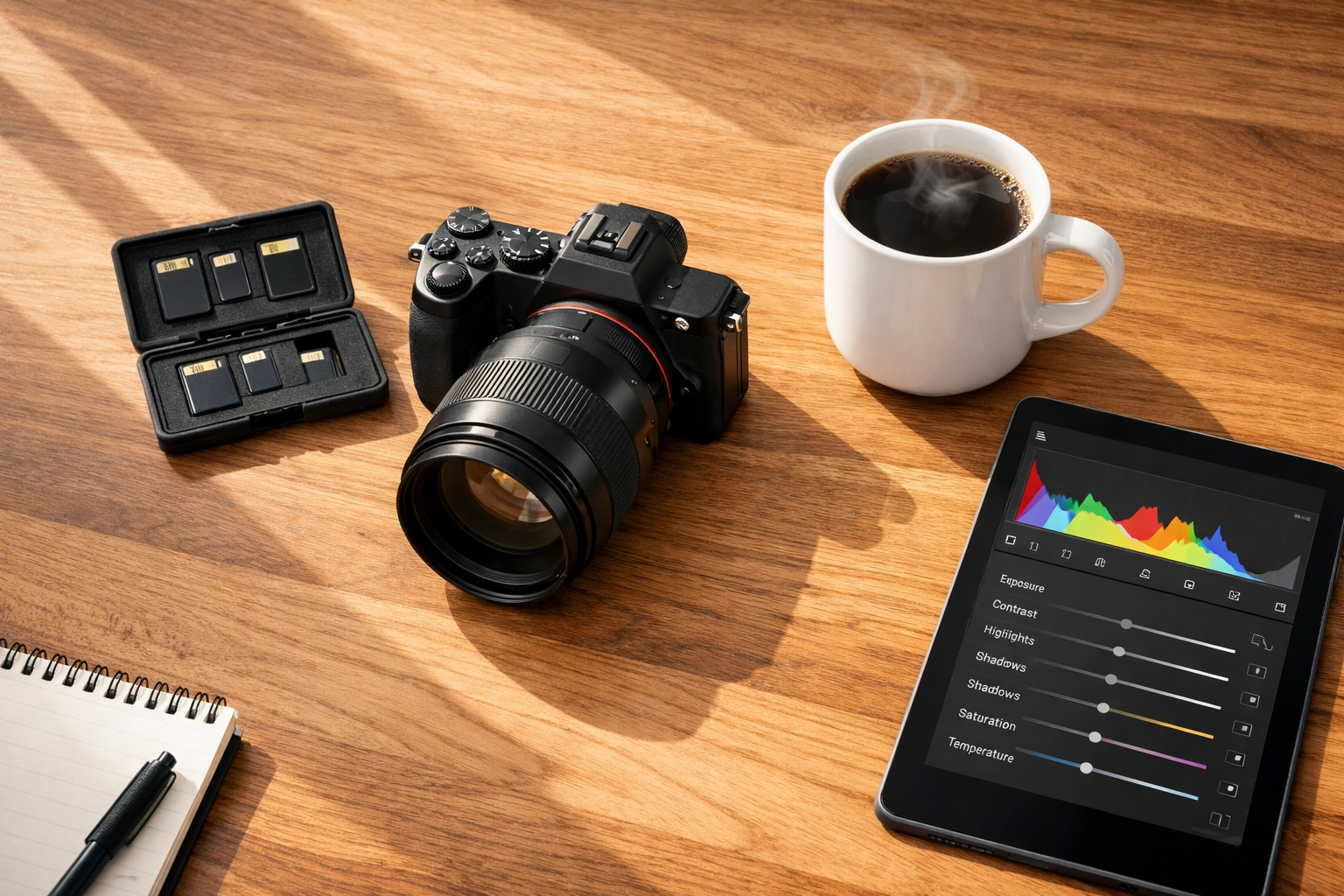 Minimalist photographer workspace with mirrorless camera gear and tablet displaying the latest photography news.