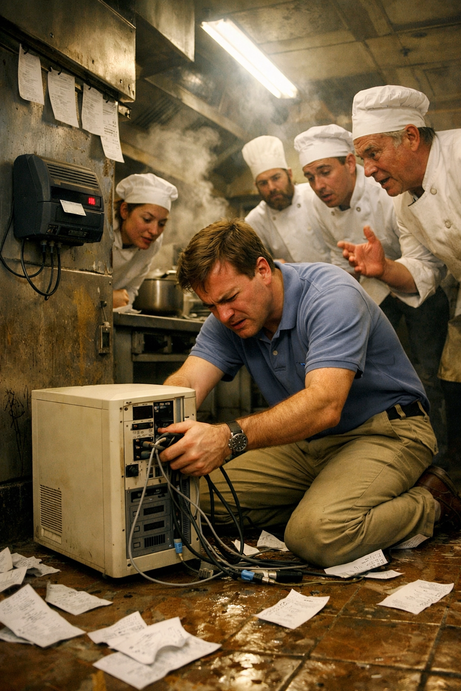 IT consultant troubleshooting failed restaurant POS system in chaotic kitchen during 1999 tech crisis