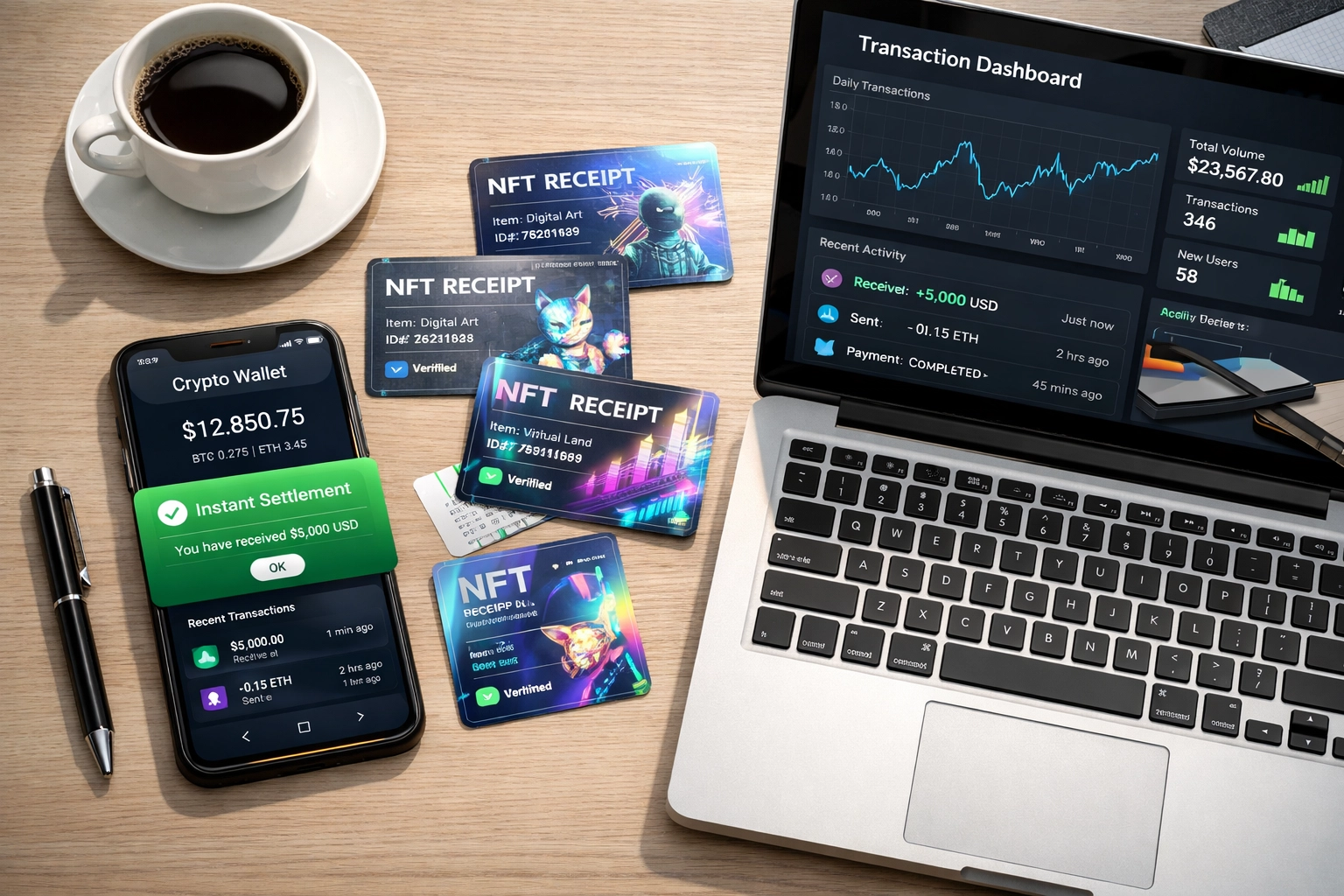 Merchant desk with crypto wallet, NFT receipt cards, and real-time transaction dashboard