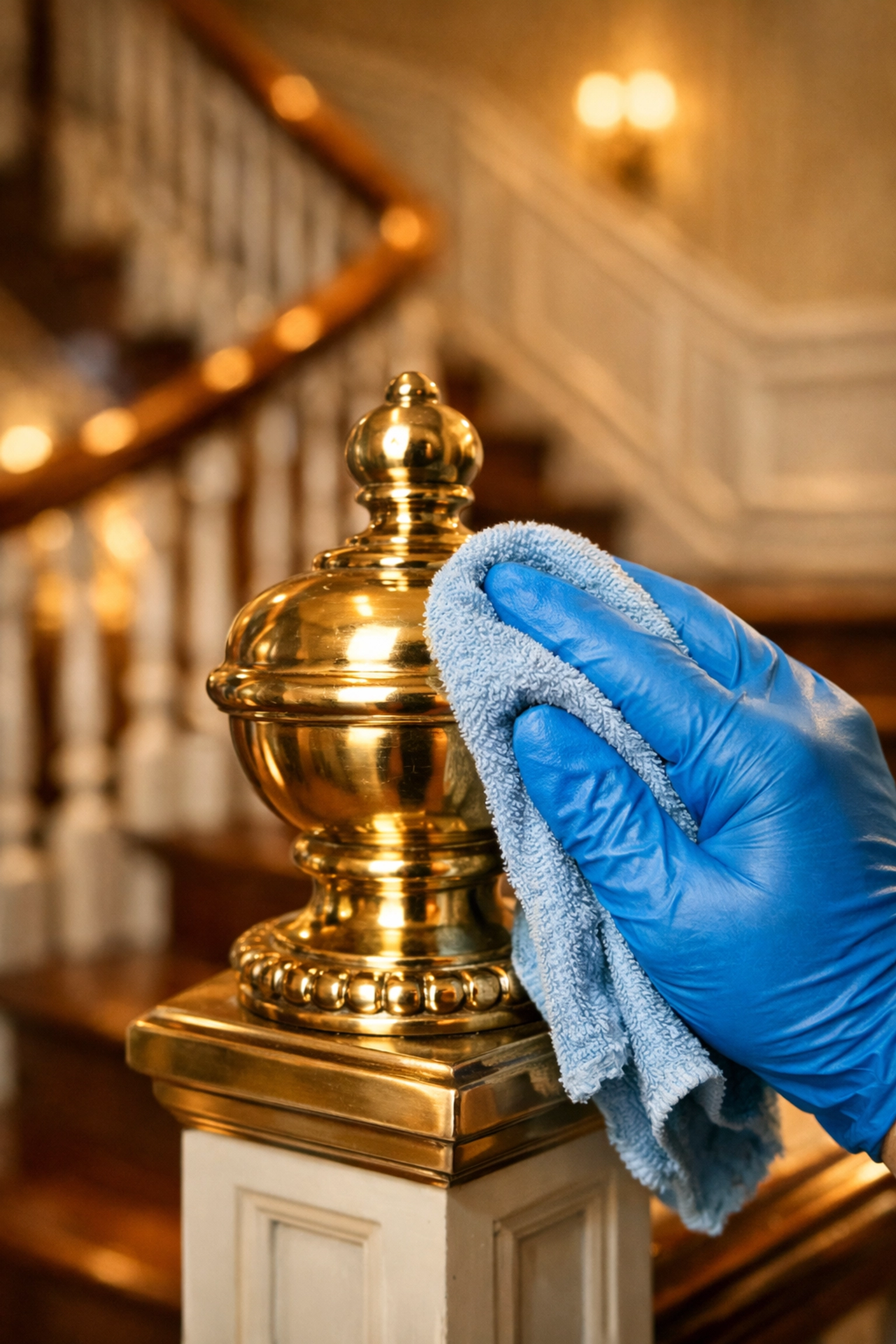 Detail-oriented house cleaning services MA polishing a brass fixture in a historic Lexington home.
