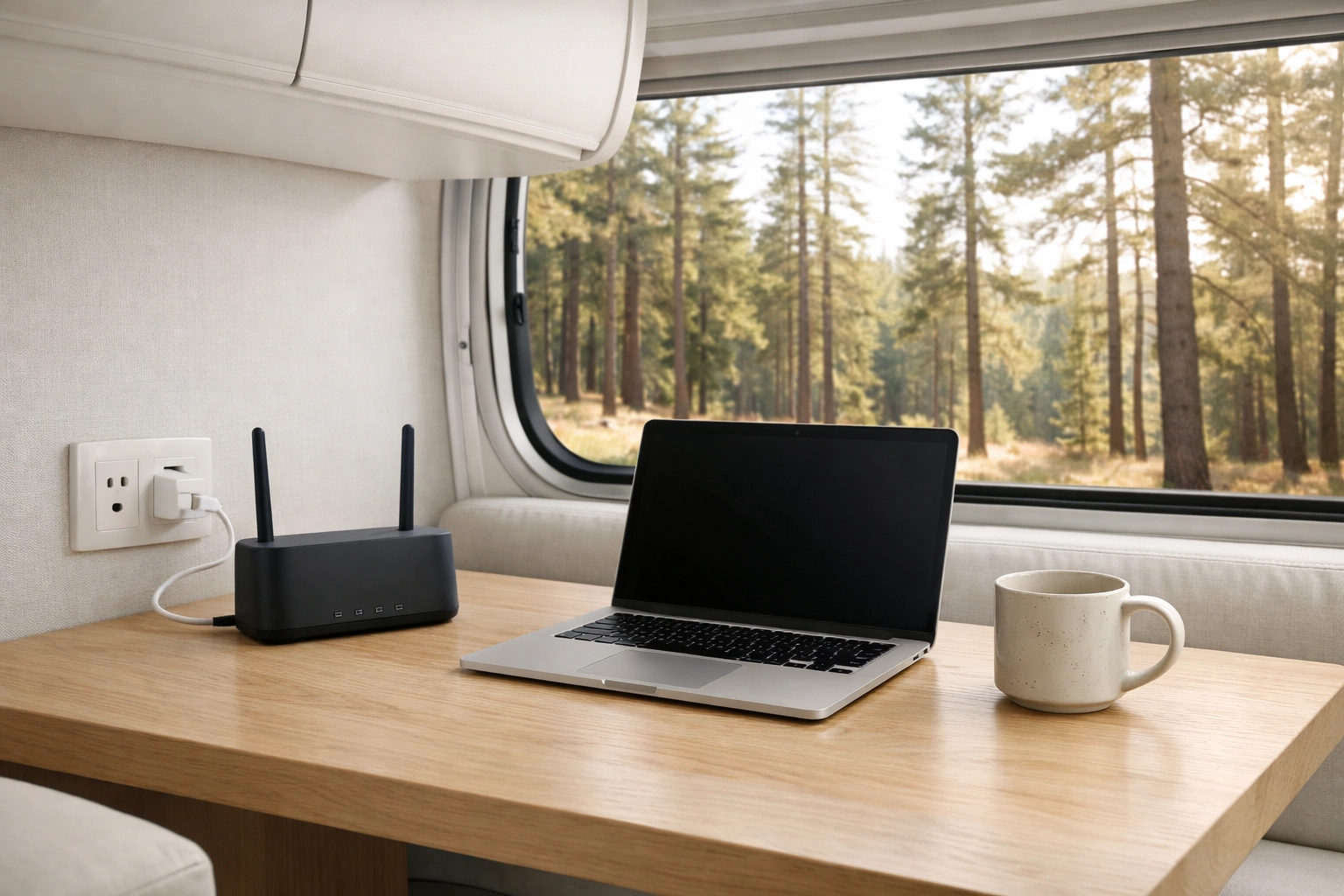 High-speed RV wifi router on a modern trailer workspace table with a scenic forest view out the window.