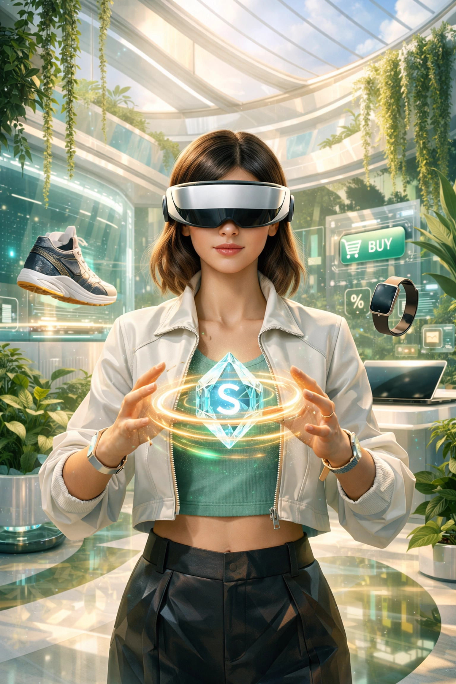 A shopper using a VR headset to authorize a seamless crypto transaction in a digital Metaverse storefront.