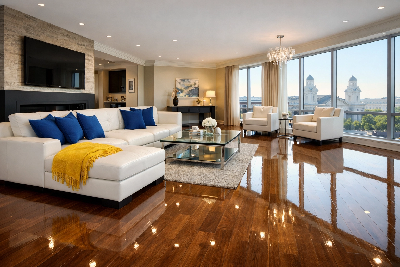 Spotless modern living room in Worcester MA showcasing professional house cleaning Worcester MA results.