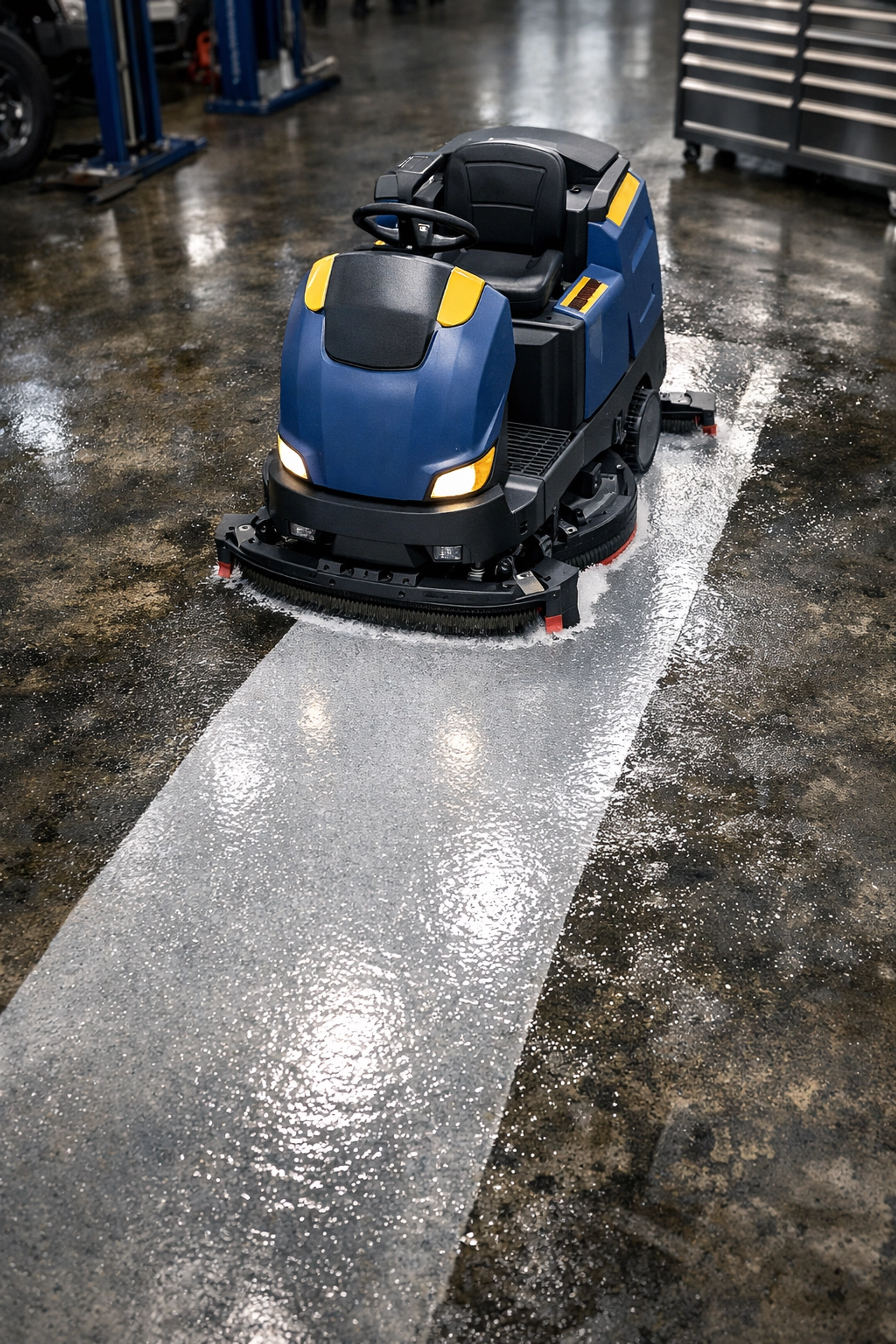 Industrial floor scrubber removing grease from an auto shop floor for safety by The Cleaning Ninjas.