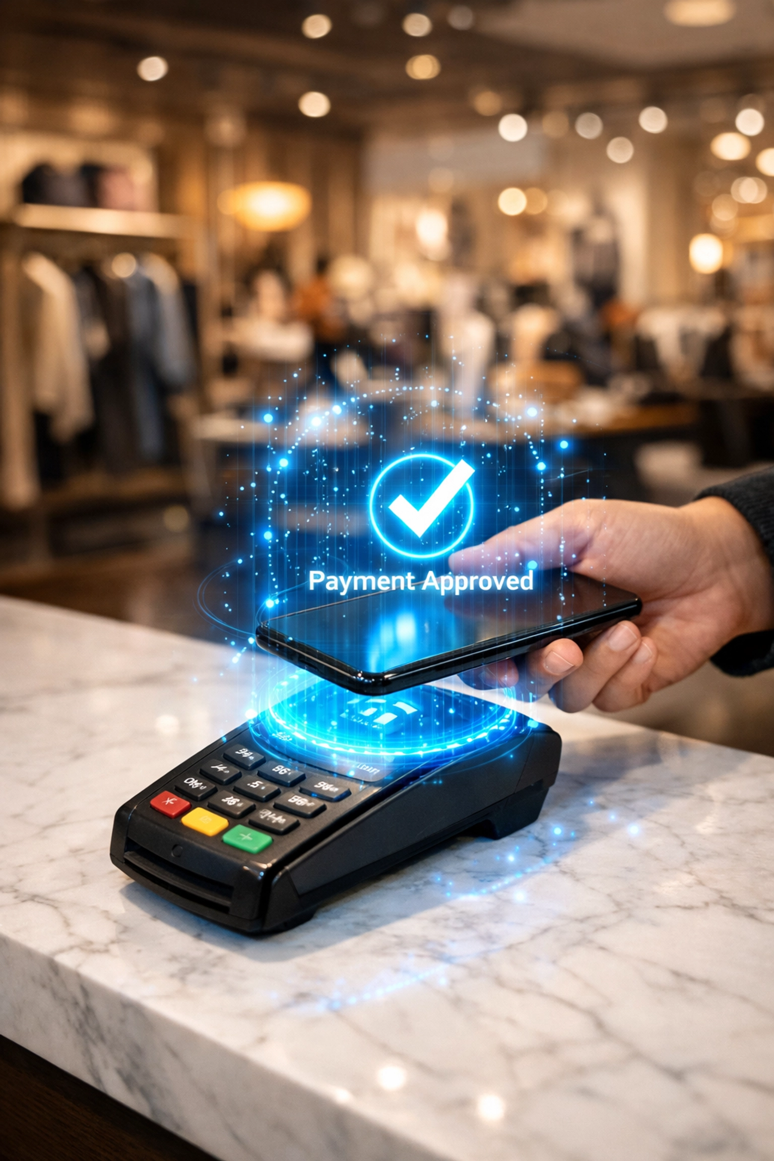 Contactless crypto POS terminal processing Web3 payment in modern retail store