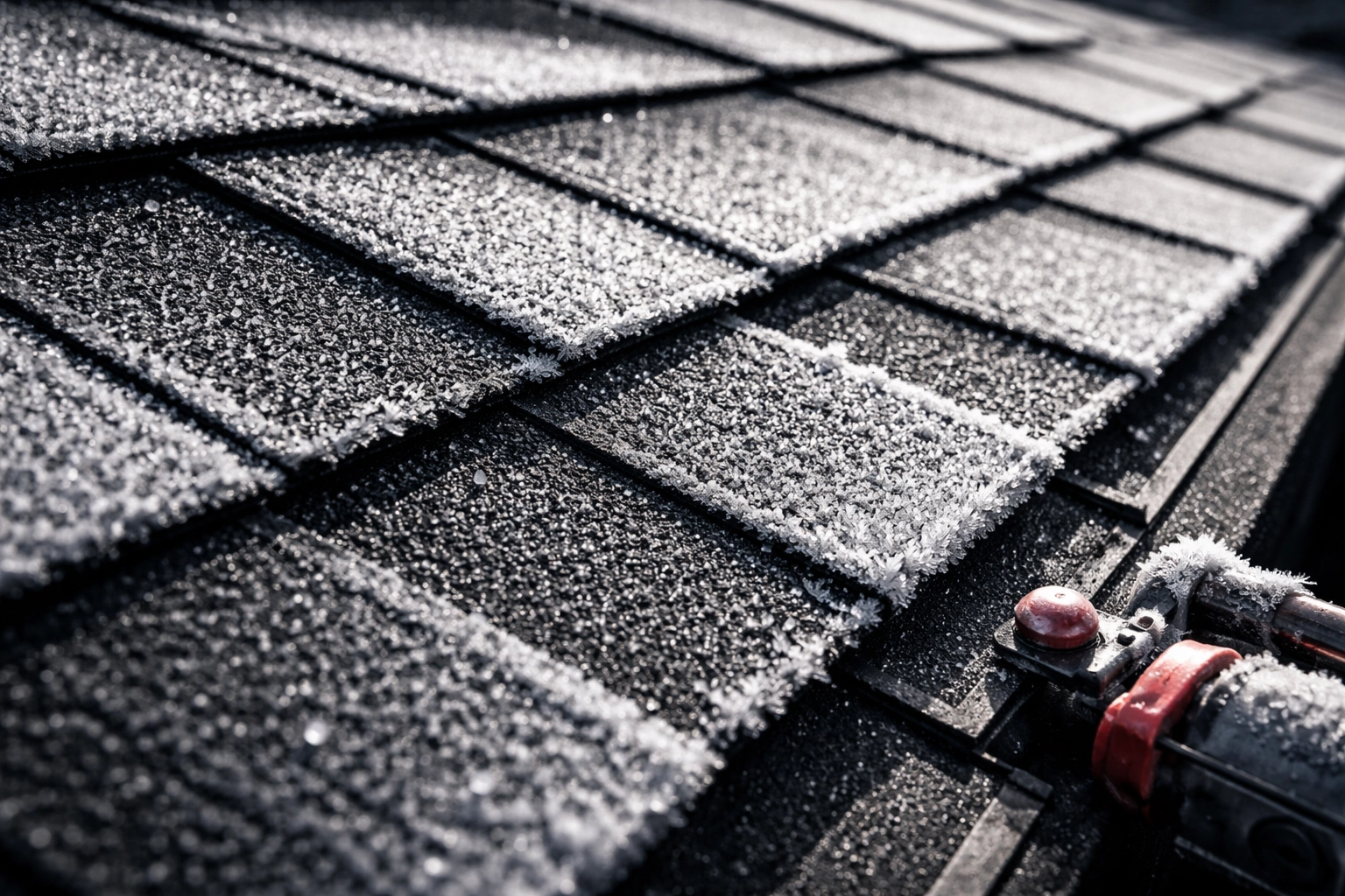 Close-up of frosted asphalt roof shingles in winter, showing brittleness and cold weather roofing challenges.
