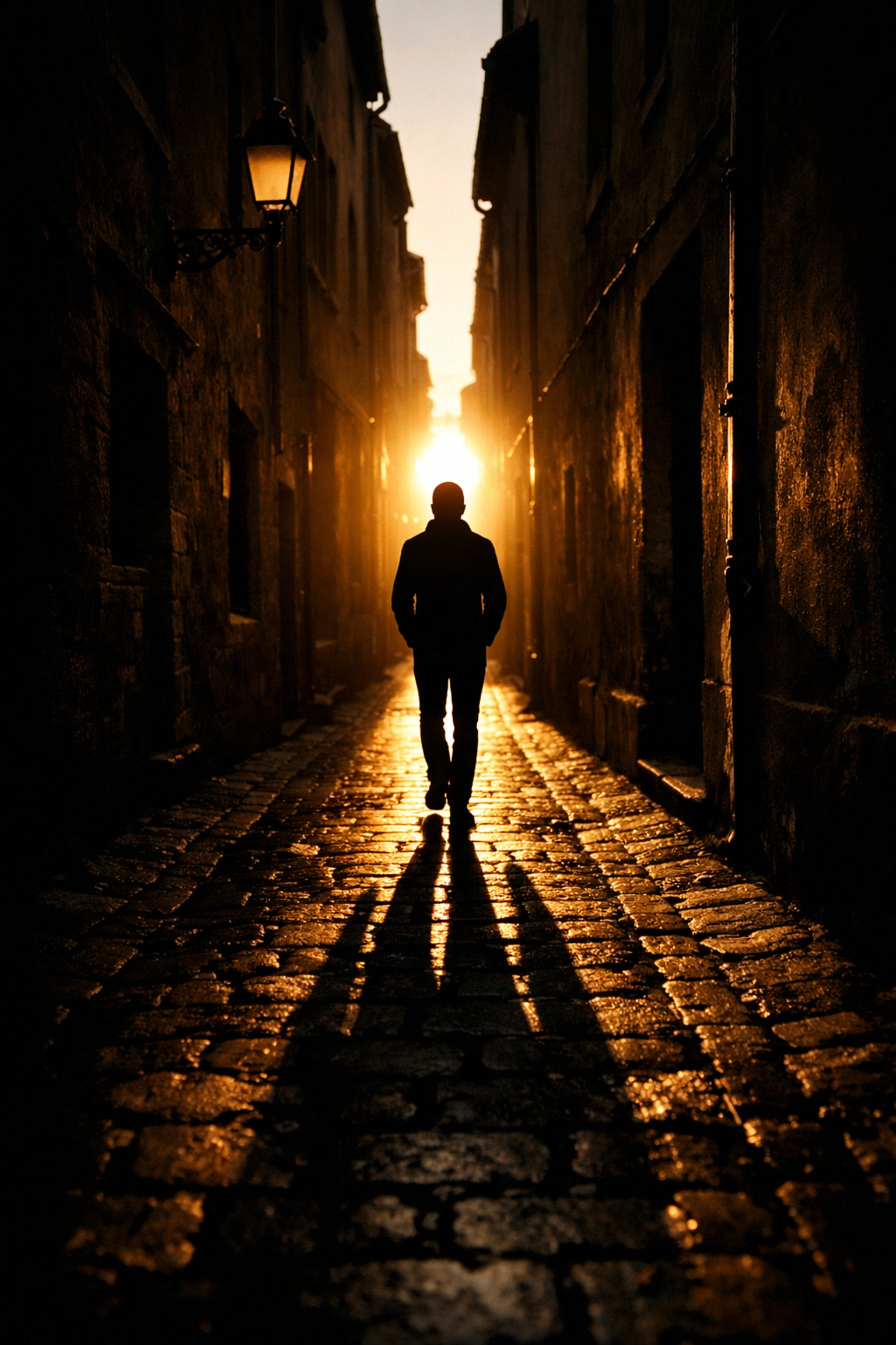 Cinematic silhouette of a person walking through a bright alleyway in a street photography scene.
