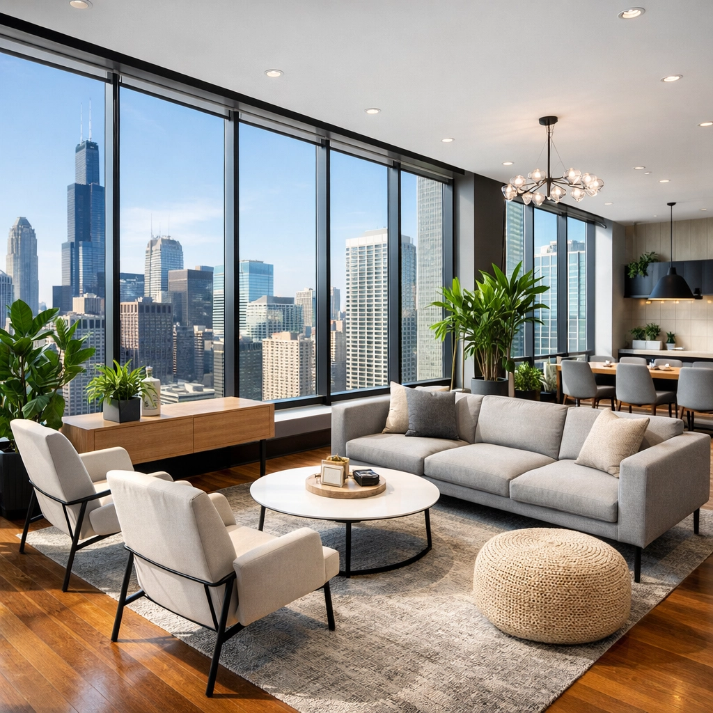 Pristine multifamily residential lounge in a Chicago property demonstrating professional cleaning results.