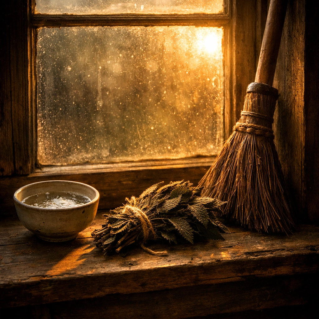 Spring cleaning ritual tools on windowsill: saltwater bowl, nettles, and broom for Ostara preparation