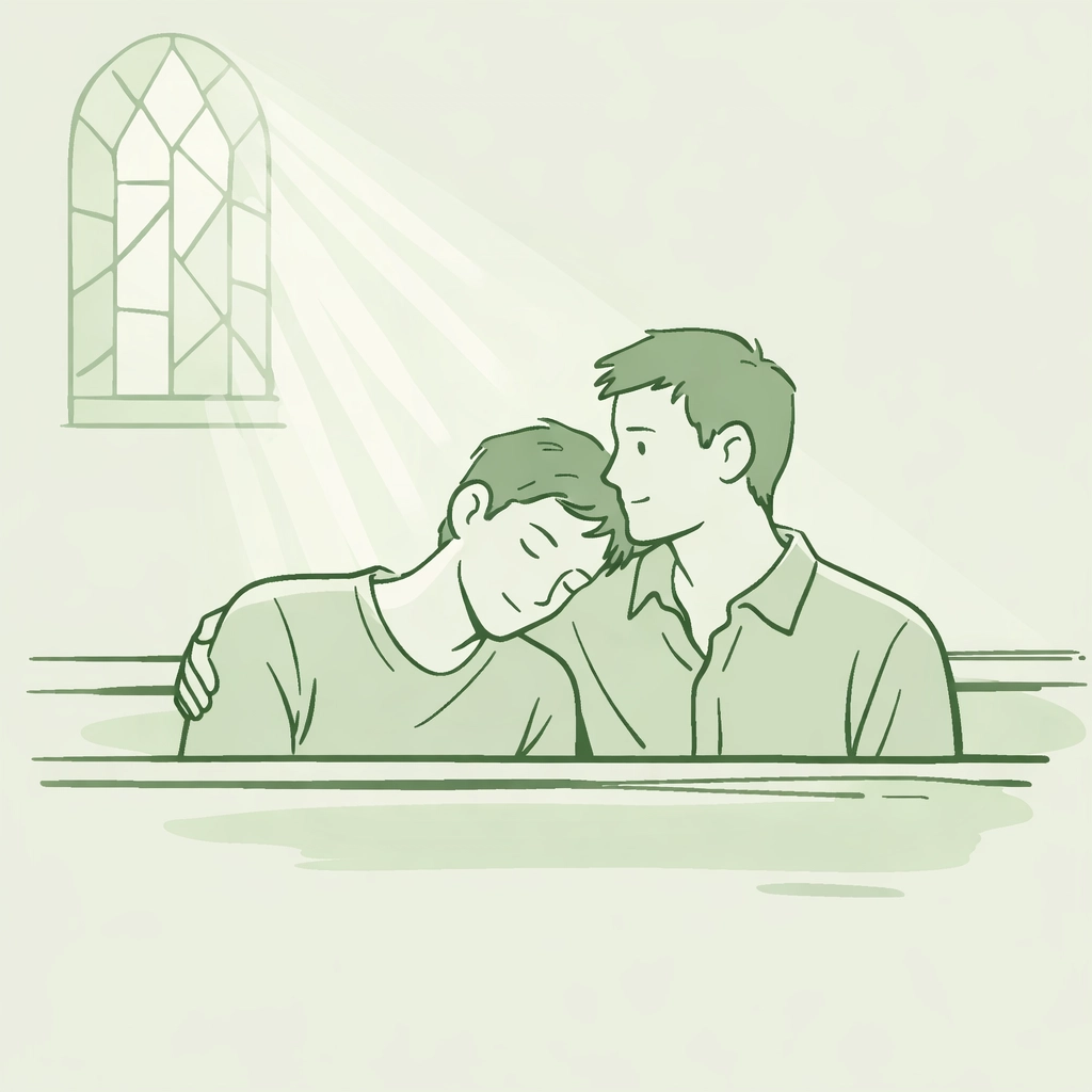 Two men sharing quiet moment in church pew - MM romance exploring faith and queerness
