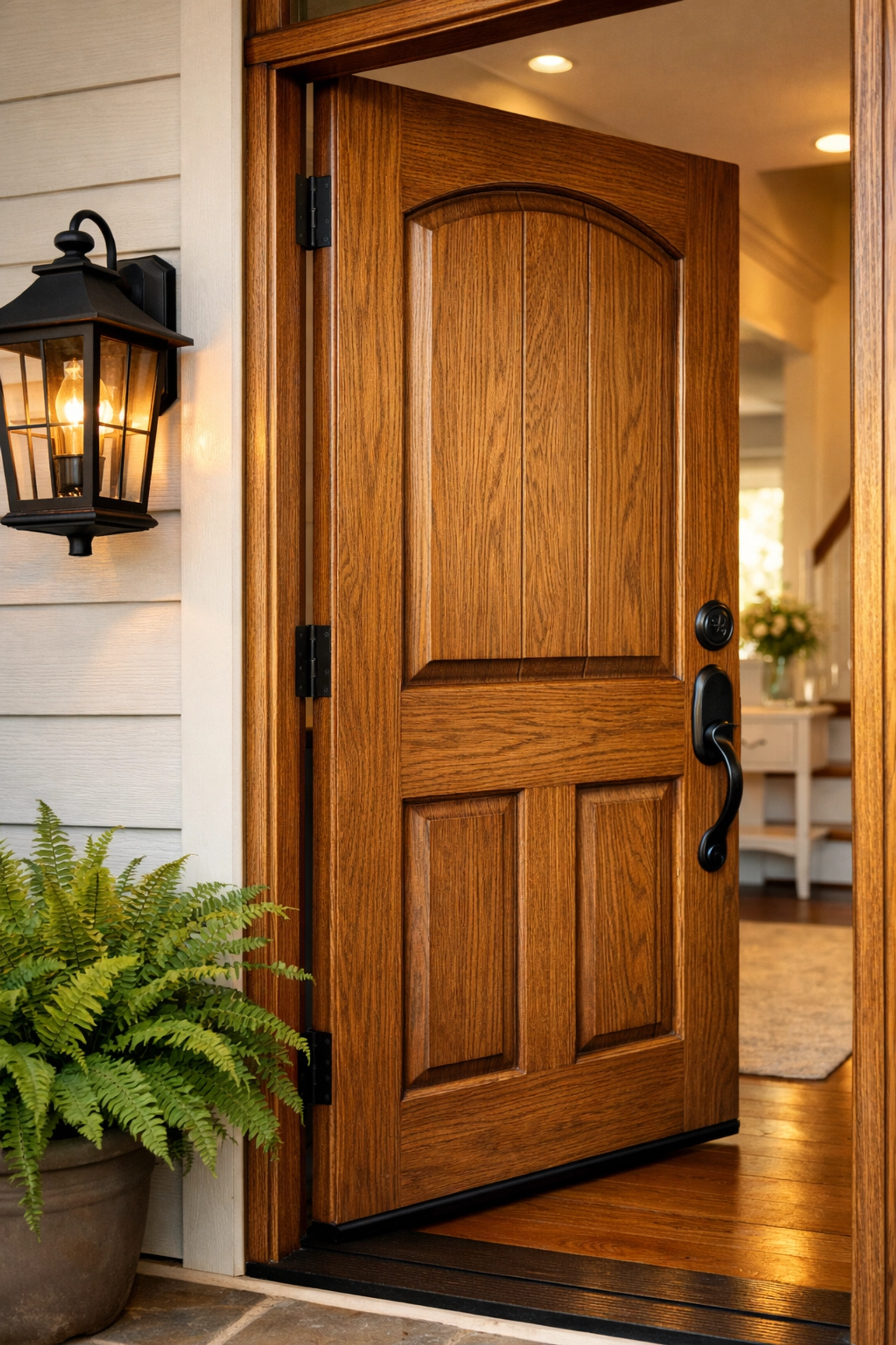 Welcoming front door and entryway of a new traditional home, perfect for first-time homebuyers.