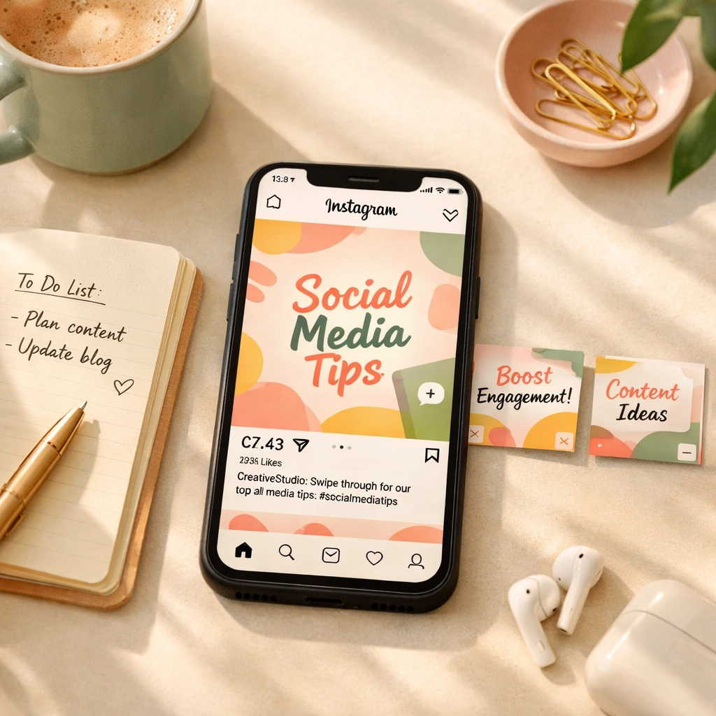 Instagram carousel post on smartphone with coffee and notebook for service business strategy