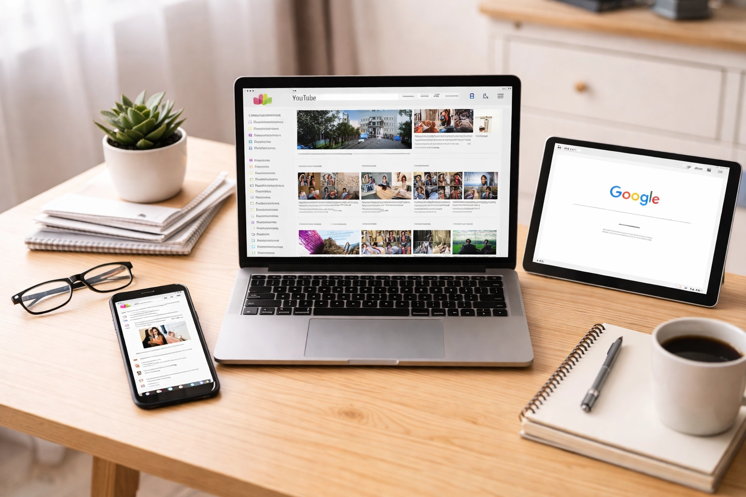 Creative workspace with multiple devices showing social and search platforms, illustrating multichannel digital marketing.