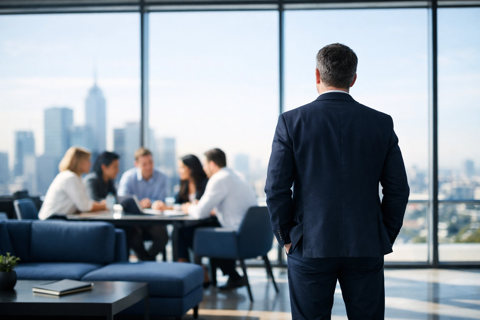 Relaxed business owner watching his independent team, demonstrating a transferable business model for exit.