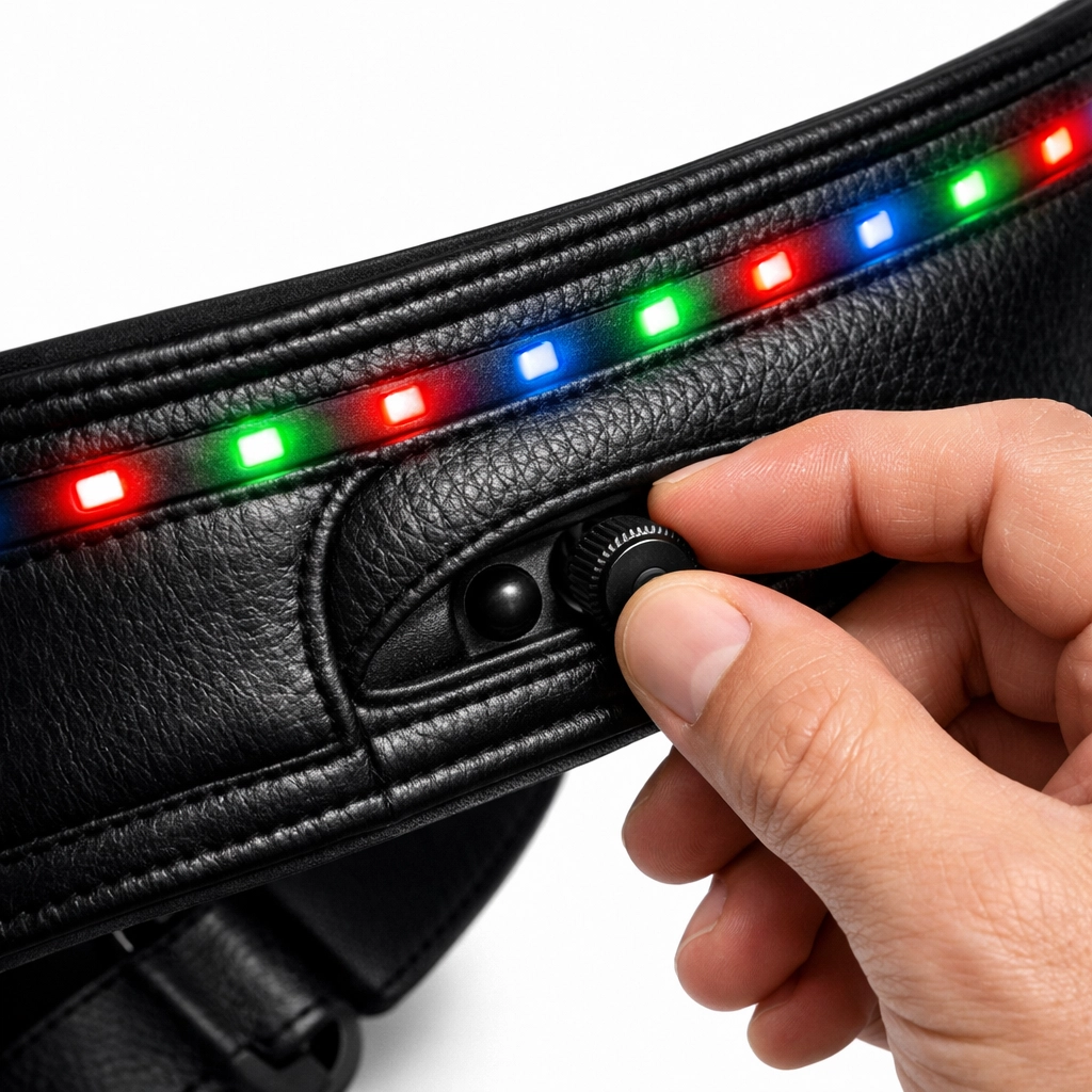 Musician adjusting multi-colored LED guitar strap with concealed controls and leather padding