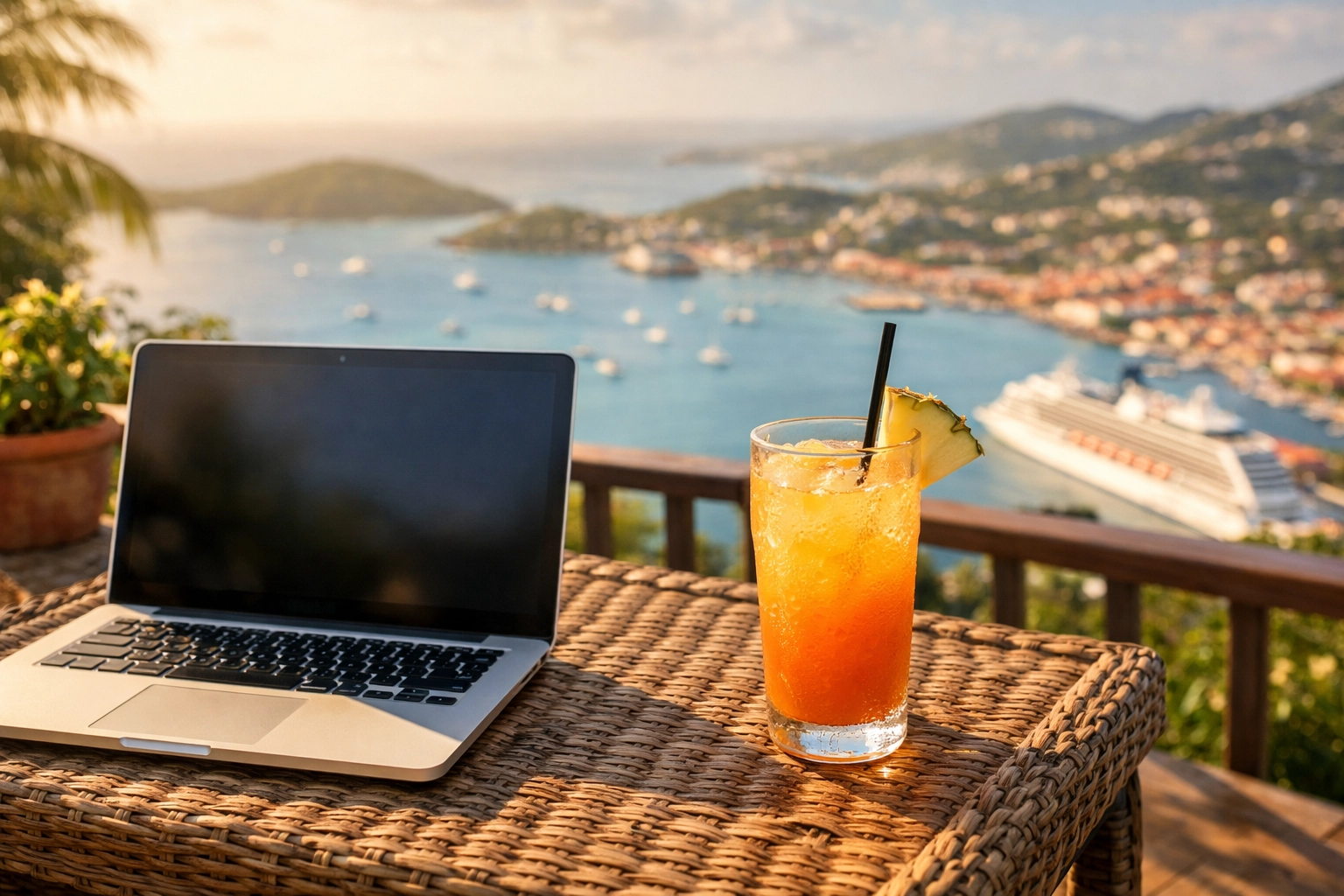 Private balcony at Sunset Gardens Guesthouse with a laptop and stunning views of Charlotte Amalie harbor.