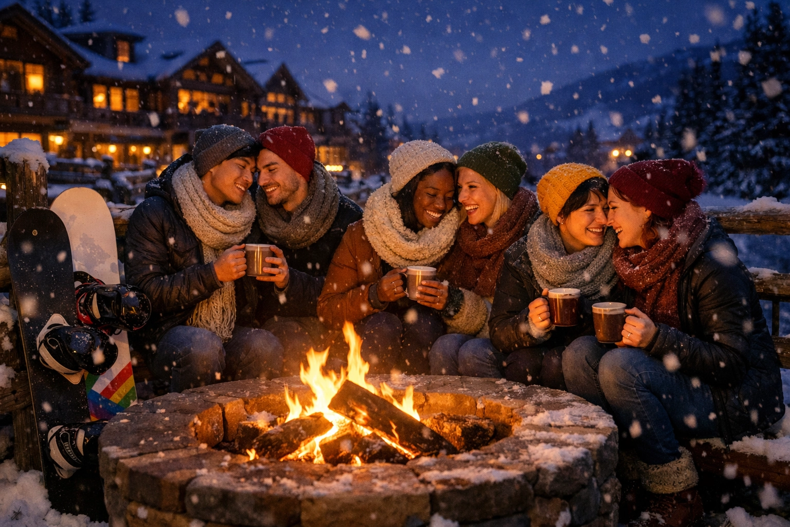 Diverse LGBTQ+ friends and couples gathering around a cozy fire pit at a mountain resort for après-ski.
