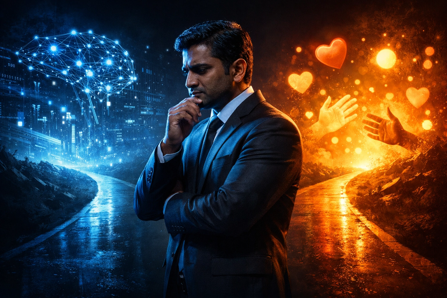 Executive leader at crossroads choosing between AI strategy and human intuition in decision-making