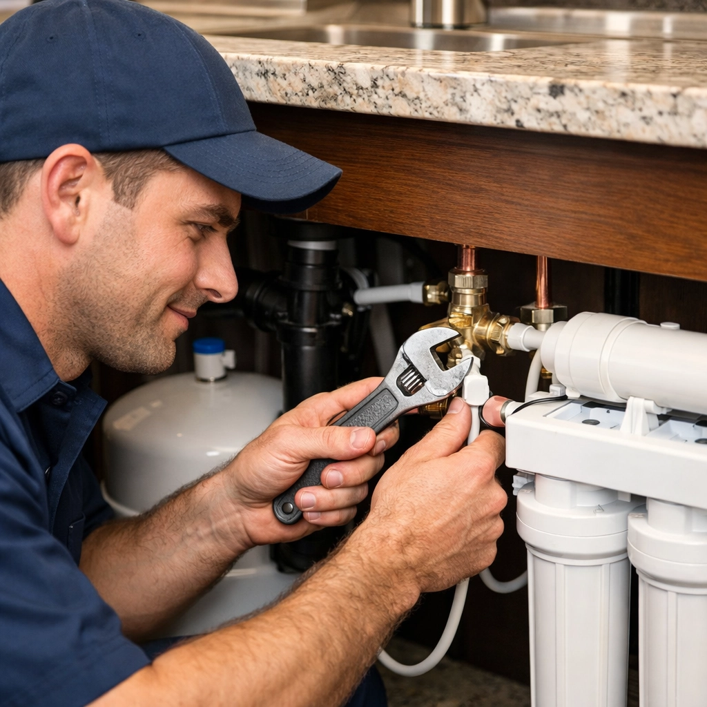 Plumbing services in Marana AZ: technician installing an RO water filtration system under a sink.