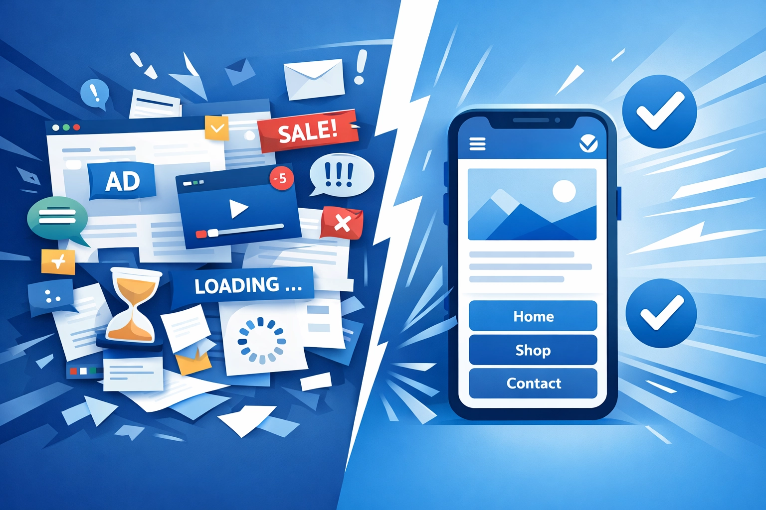 Website user experience comparison showing cluttered vs optimized mobile-friendly page design