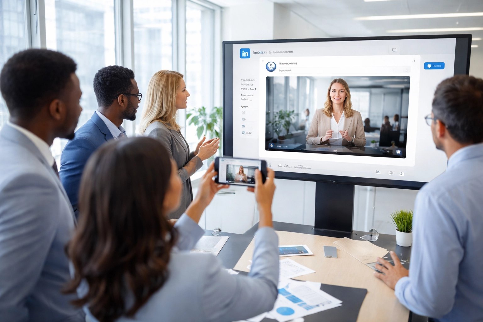 Des professionnels filment une vidéo collaborative dans un bureau moderne pour améliorer l'engagement LinkedIn en 2026