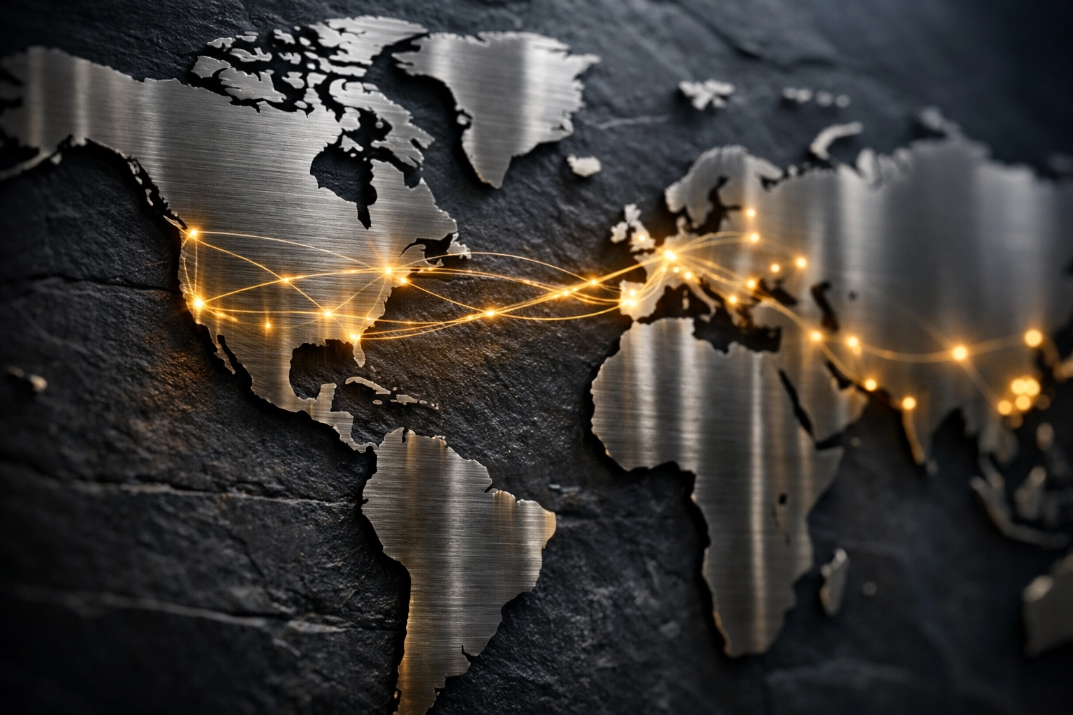 World map with glowing lines between cities representing the global UTC time standard.