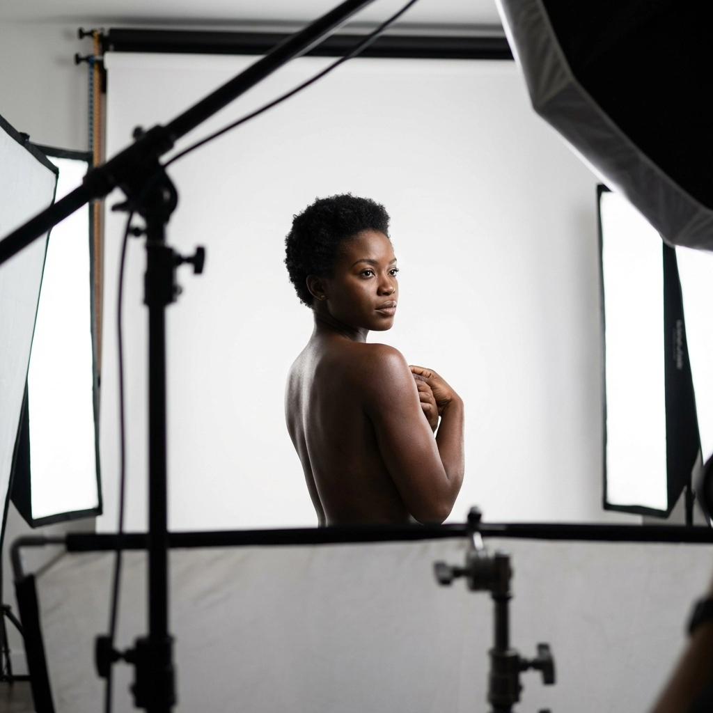 Artistic nude photography posing showing professional confidence in a bright photography studio.