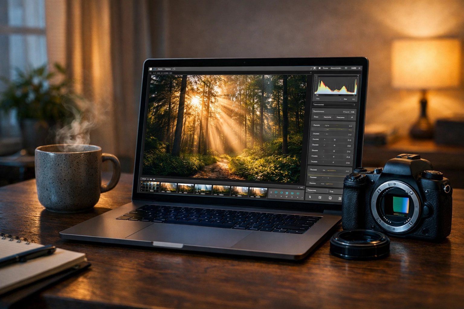 Professional photo editing workspace with a laptop and camera for manual photography.