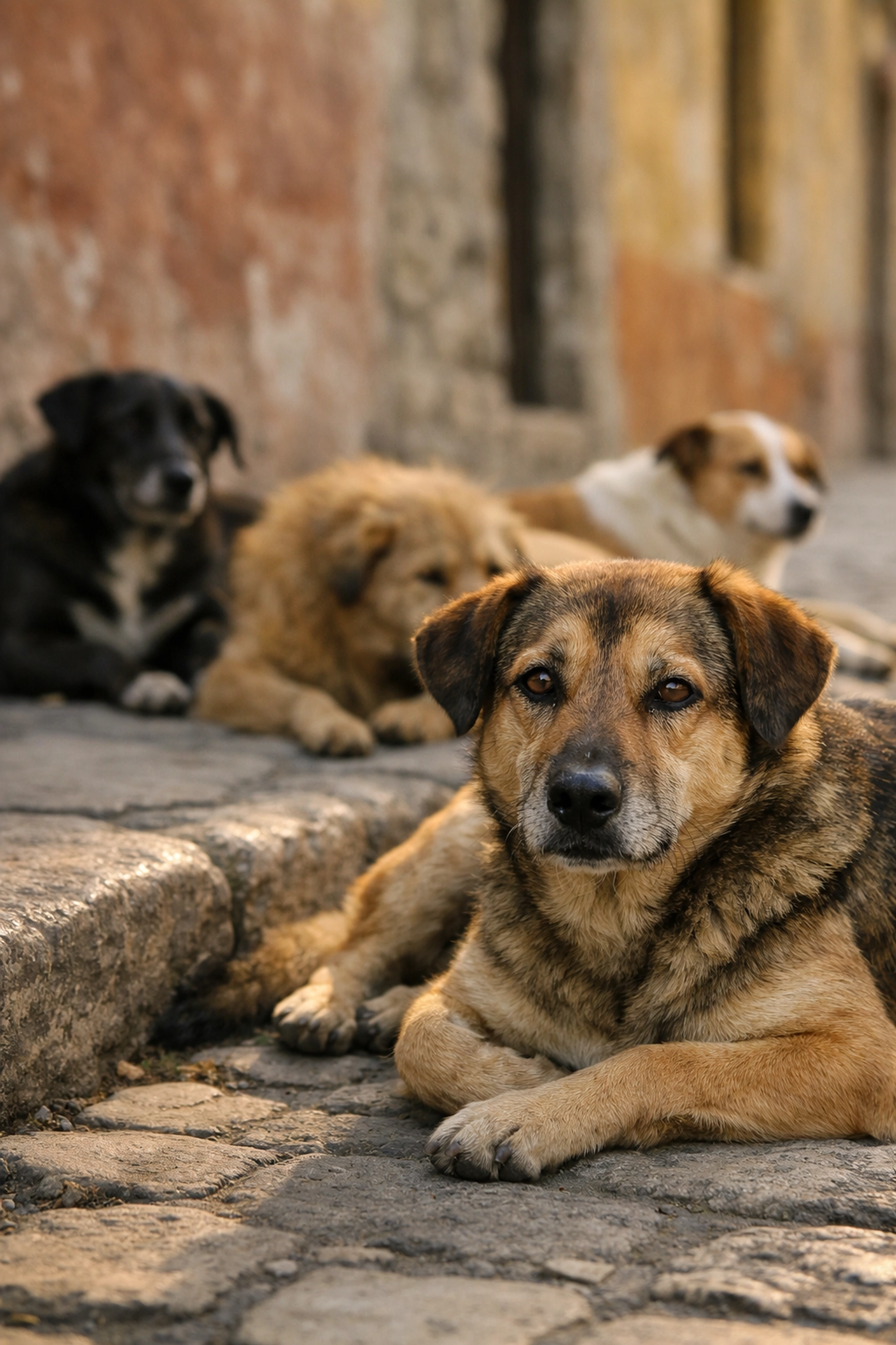 Stray dogs resting on a cobblestone street in Oaxaca, highlighting the need for pet population control.