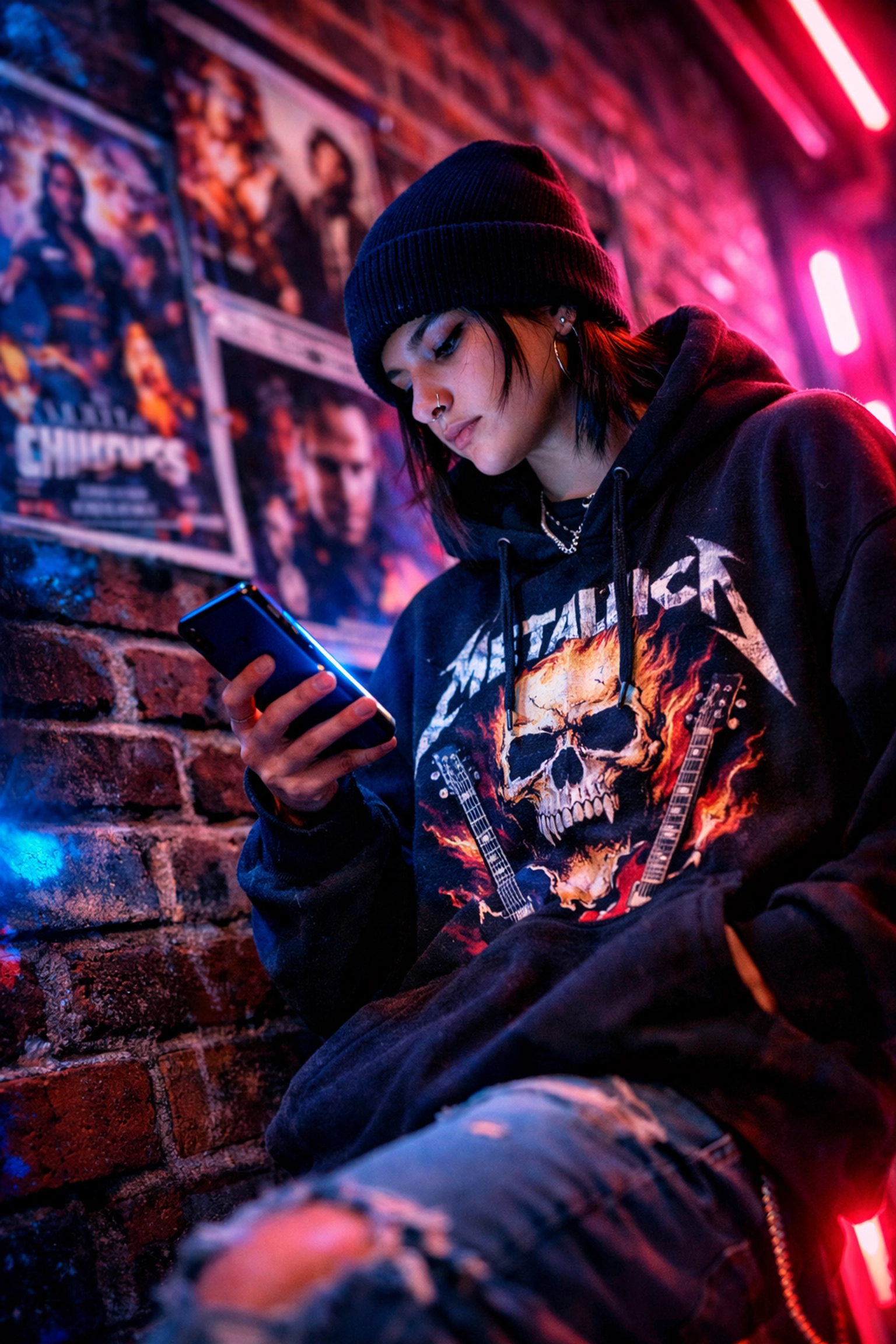 A stylish movie fan checking their weekly watchlist on a smartphone in a neon-lit alleyway.