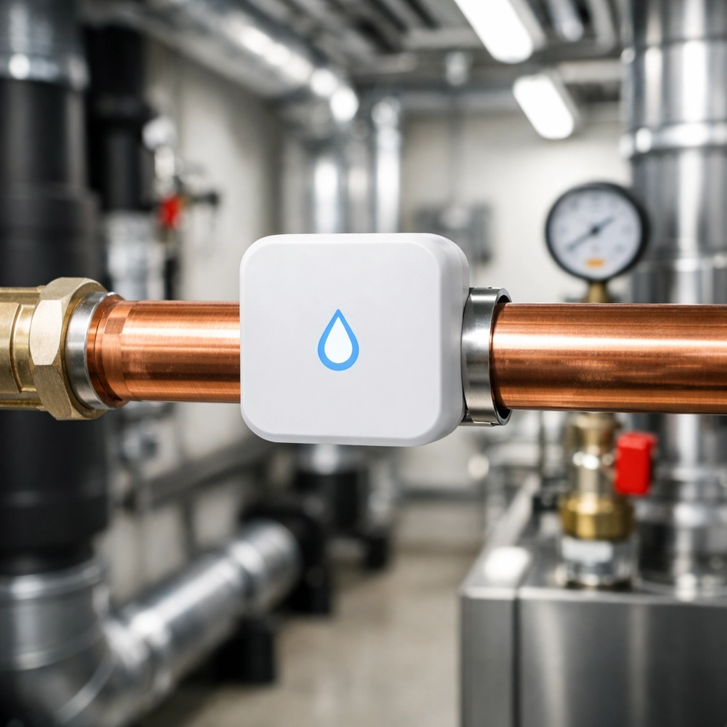 Smart leak detector on a copper pipe in a Detroit facility to prevent water damage and mold growth.