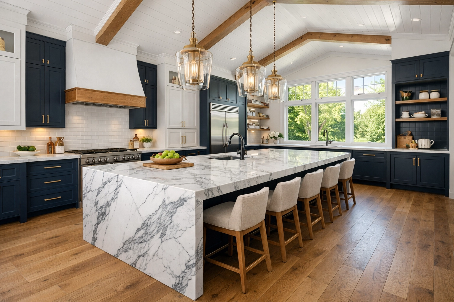 Modern navy blue custom kitchen cabinets and waterfall island in a Minnesota renovation.
