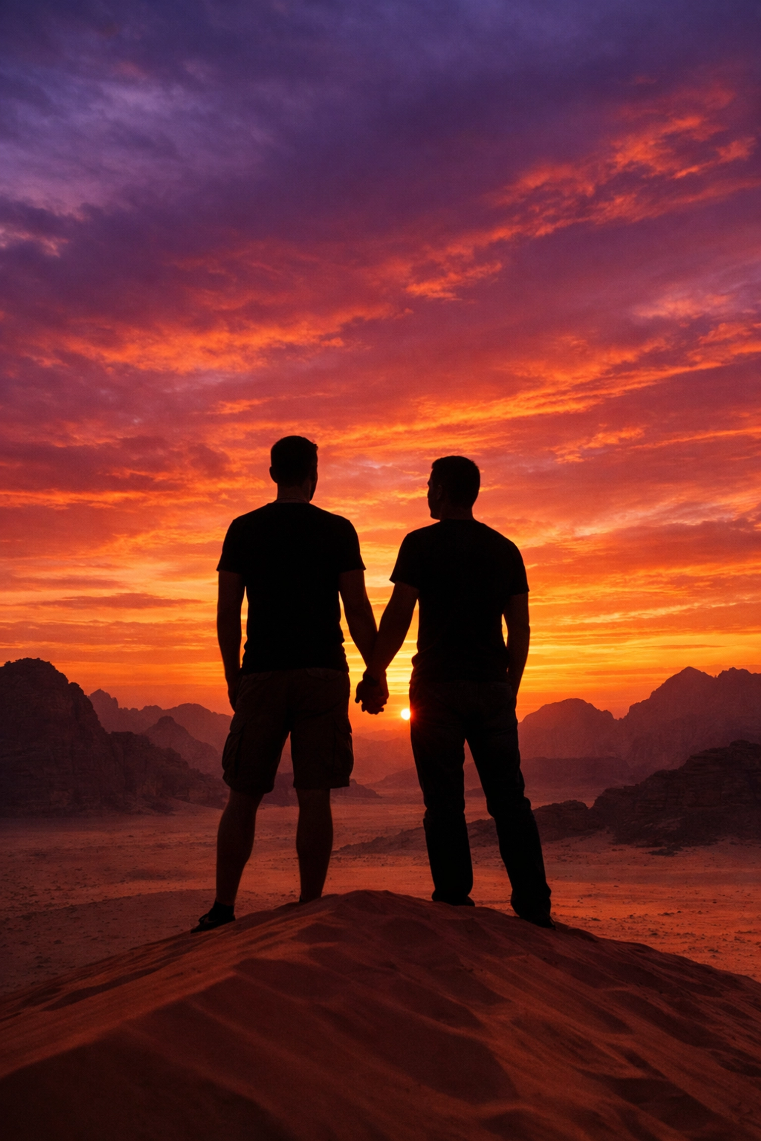 A gay couple holding hands at sunset in Wadi Rum, Jordan, representing the resilience of MM romance stories.