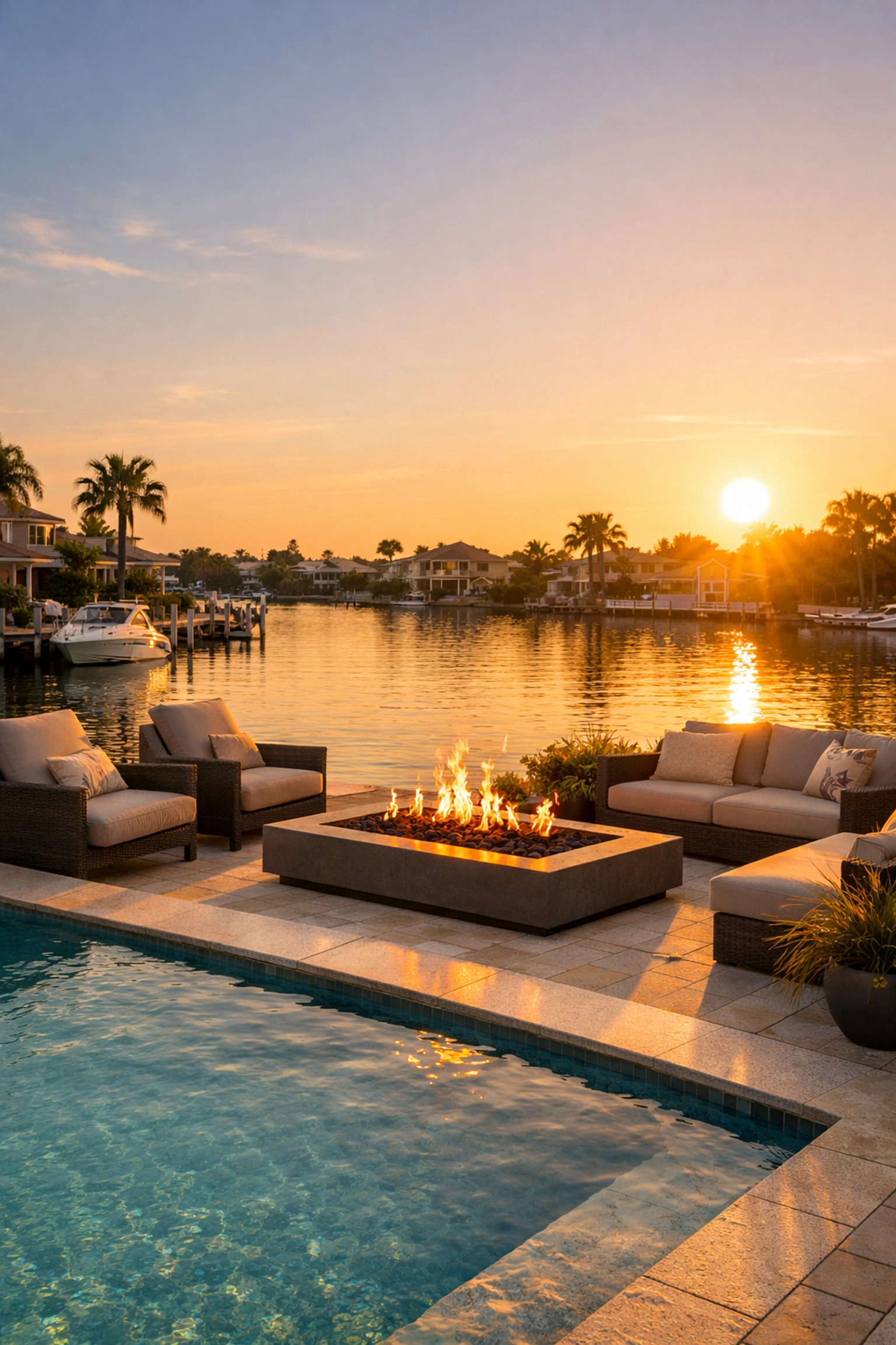 Modern waterfront backyard in Cape Coral featuring an infinity pool and patio at sunset.