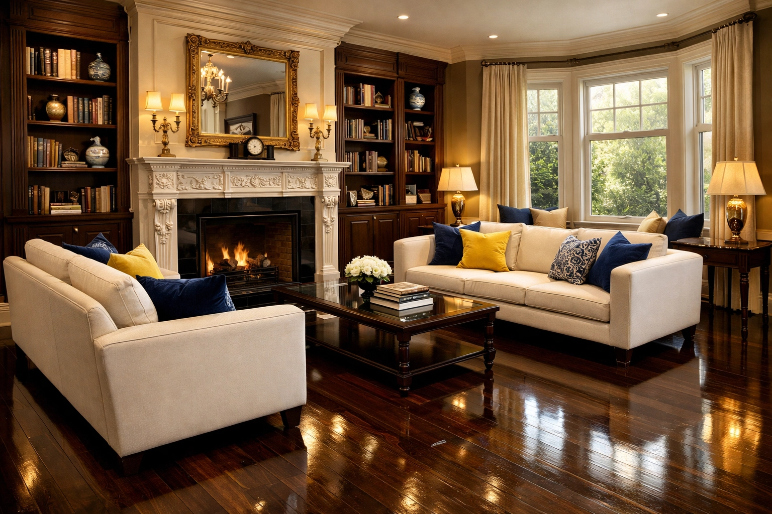 Spotless historic living room with polished hardwood floors showcasing deep house cleaning Milton MA results.
