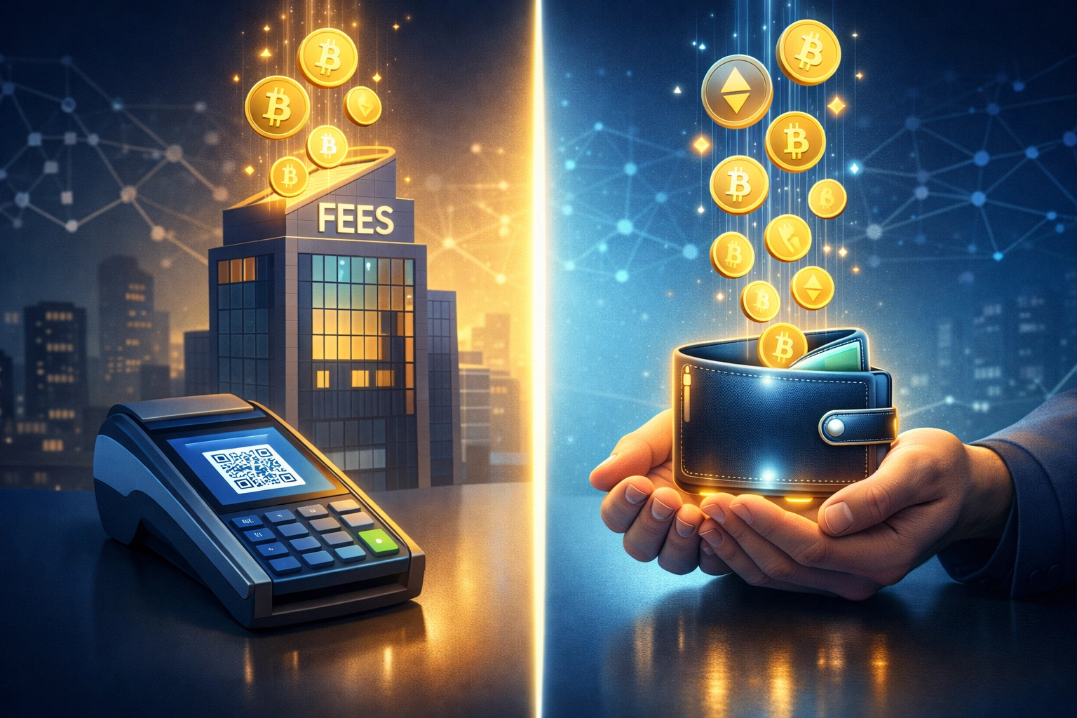 Crypto POS terminal showing self-custody payments flowing directly to merchant wallet versus custodial processing