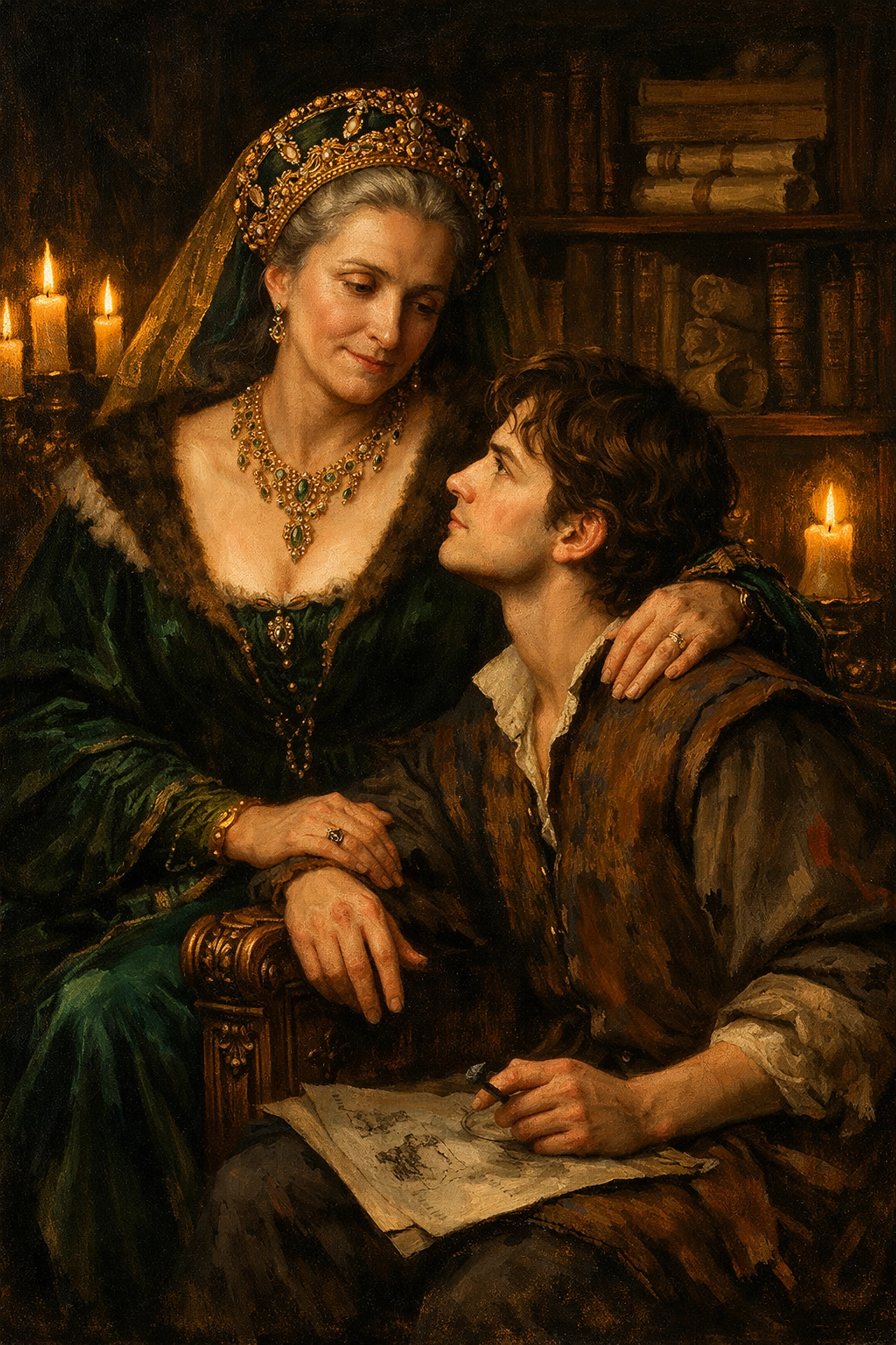 Renaissance noblewoman and young artist illustrating the support of chosen mothers in gay history.