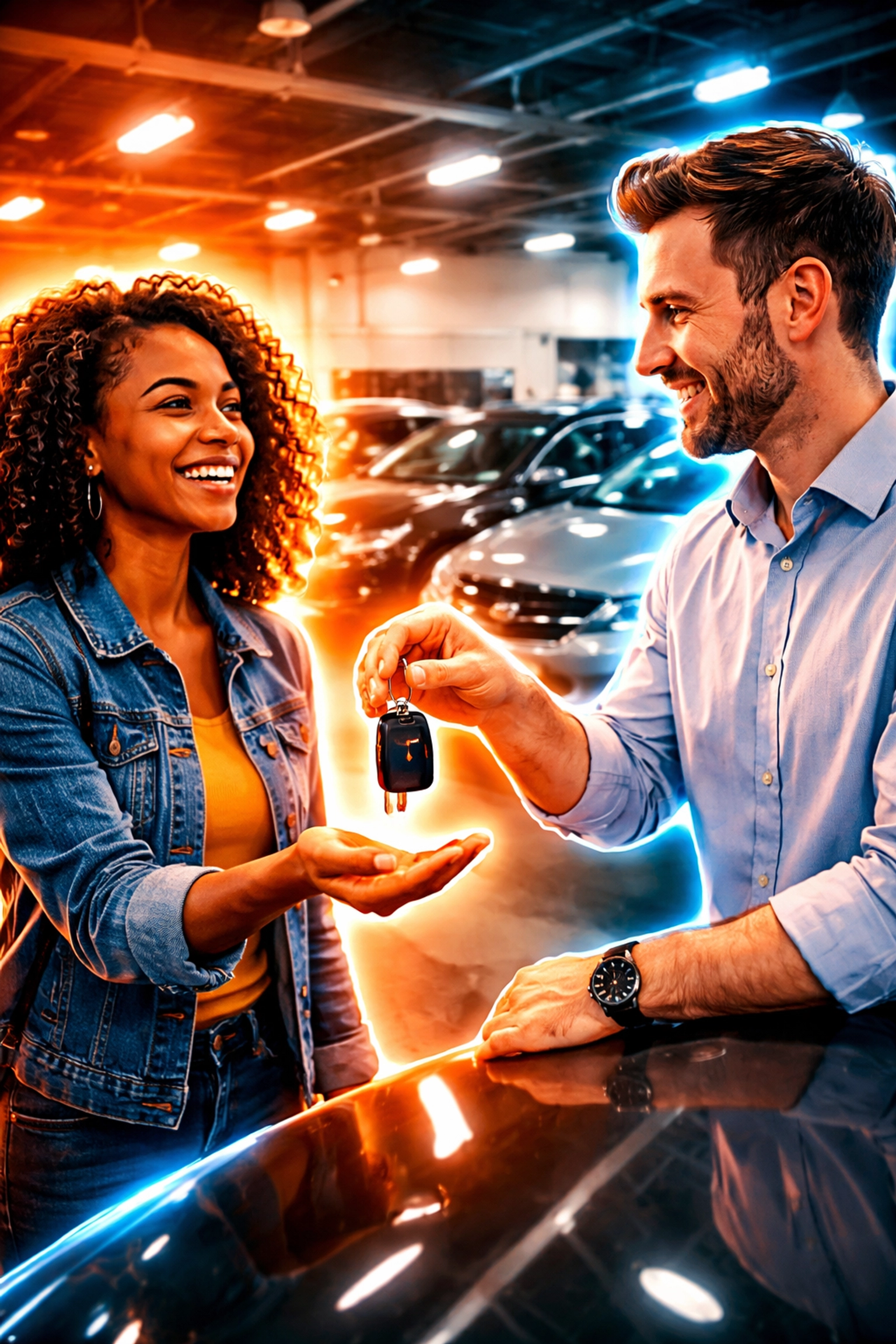 A customer smiles as they receive car keys from a friendly dealer in an Arnold MO used car showroom, highlighting same day car buying at Grateful Motors.