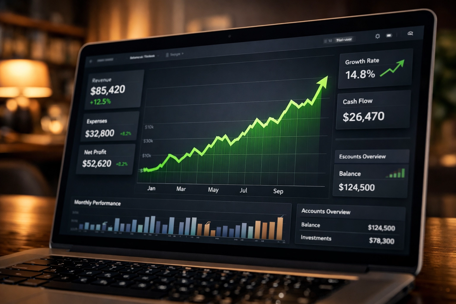 A digital financial dashboard showing positive cash flow and business growth trends.
