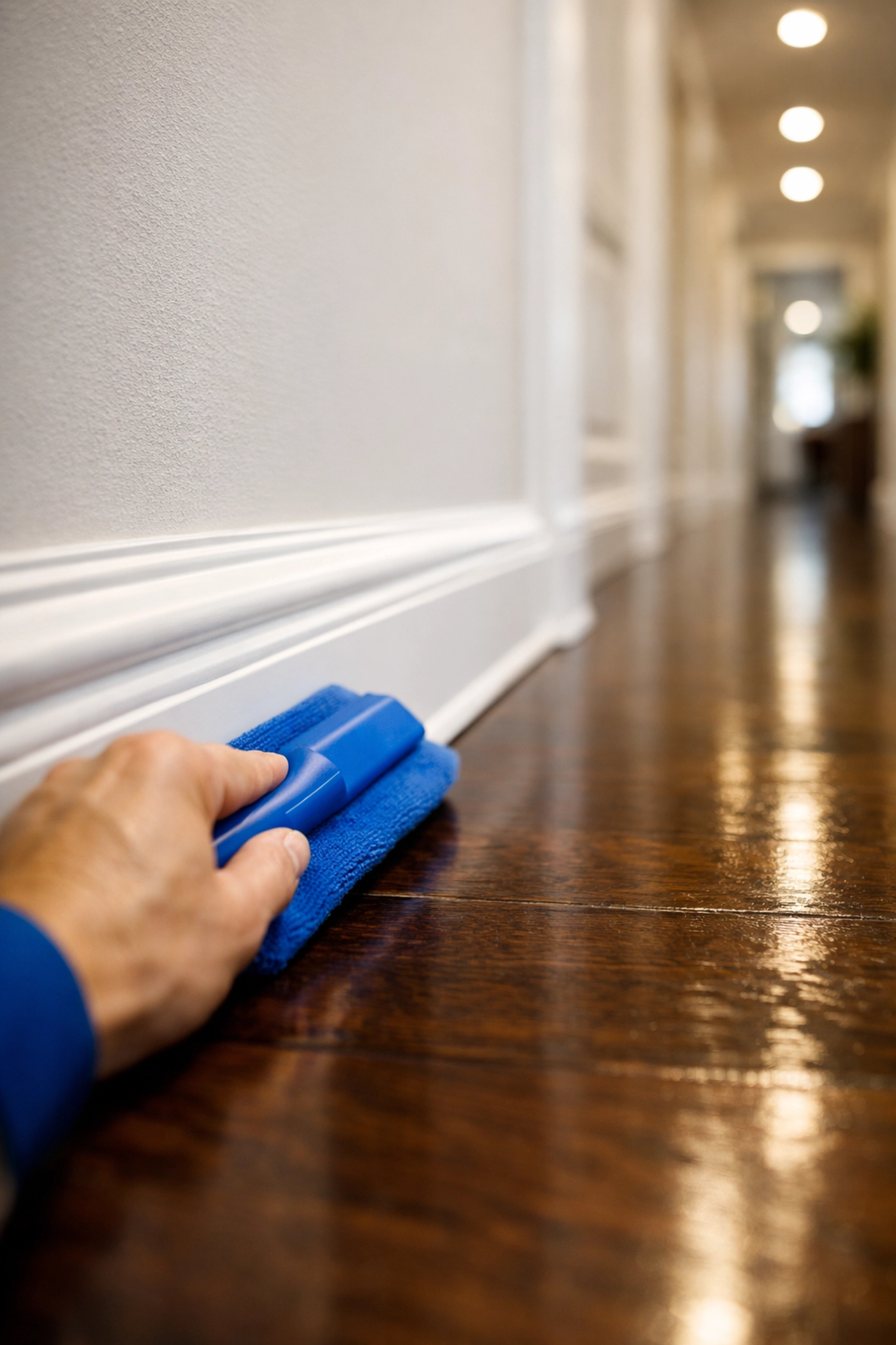 Professional hand-wiping of white baseboards during deep cleaning services in Boston.