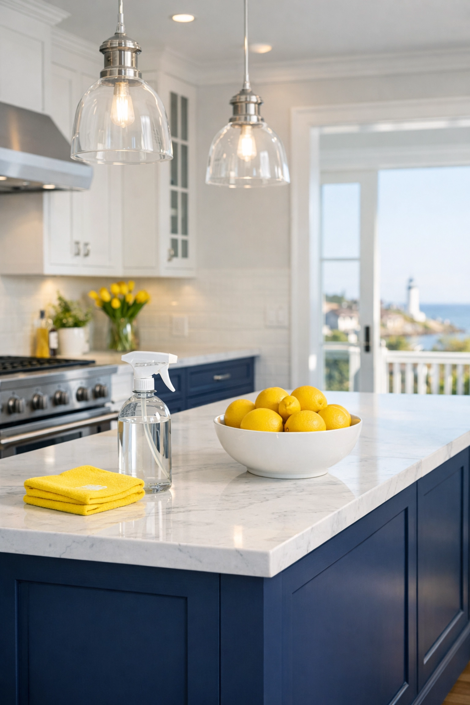 Eco-friendly luxury cleaning in a sun-drenched Scituate kitchen with white marble countertops.