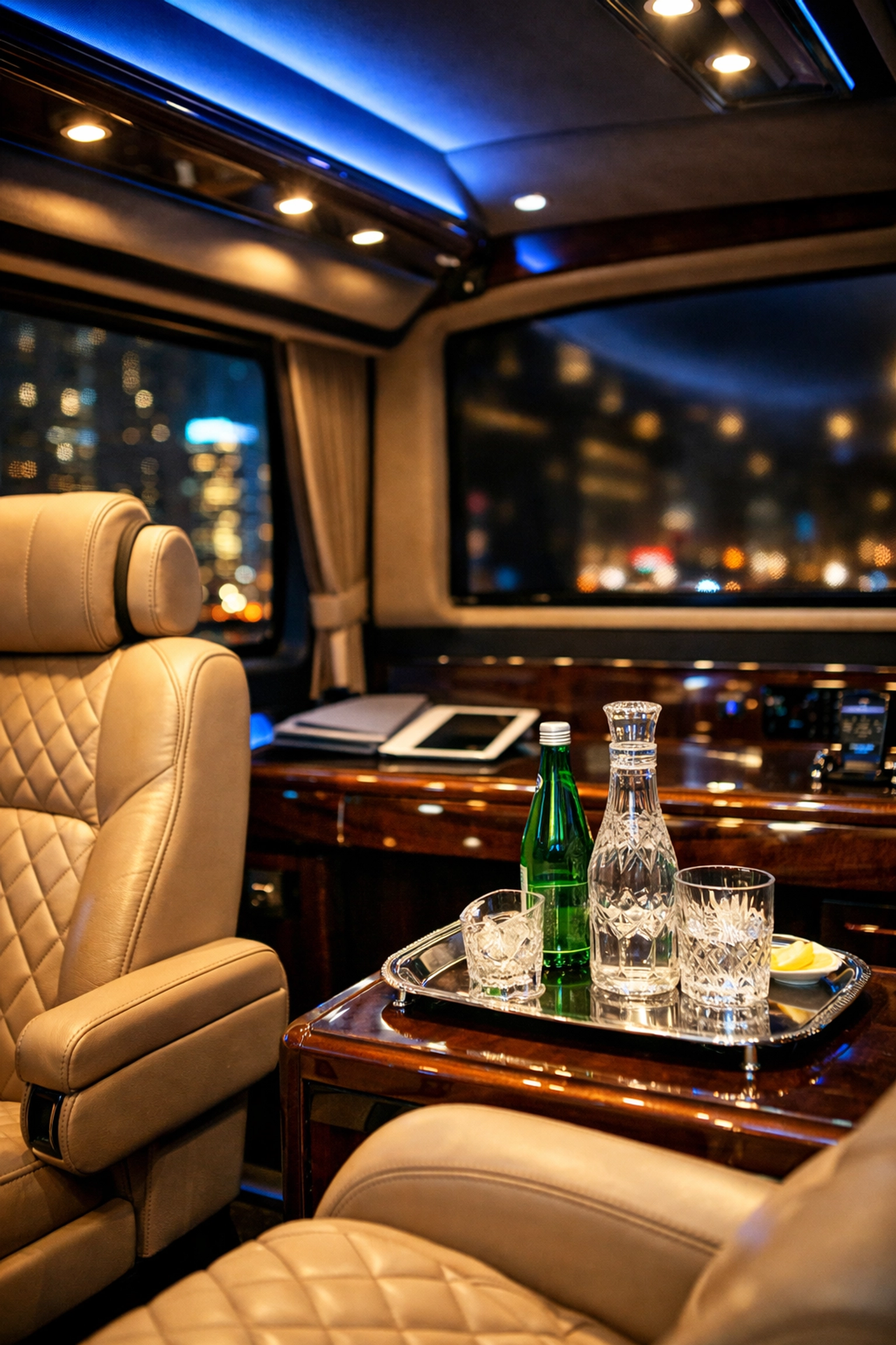 Interior of a luxury executive Sprinter van featuring leather seats for mobile corporate hospitality.
