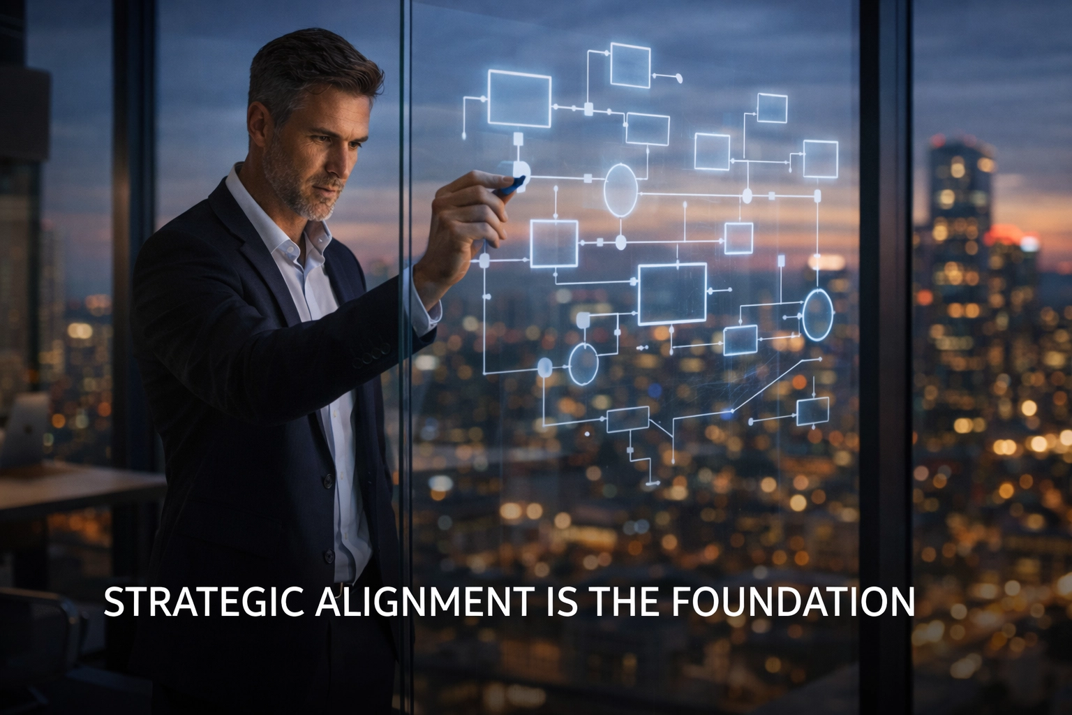 Business strategist aligning custom software development with AI agent digital transformation goals.