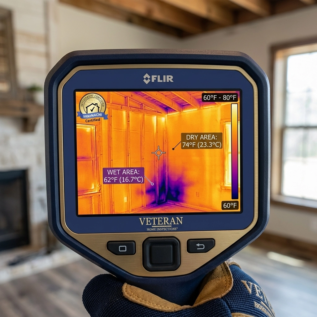 Thermal imaging showing hidden moisture behind a residential wall